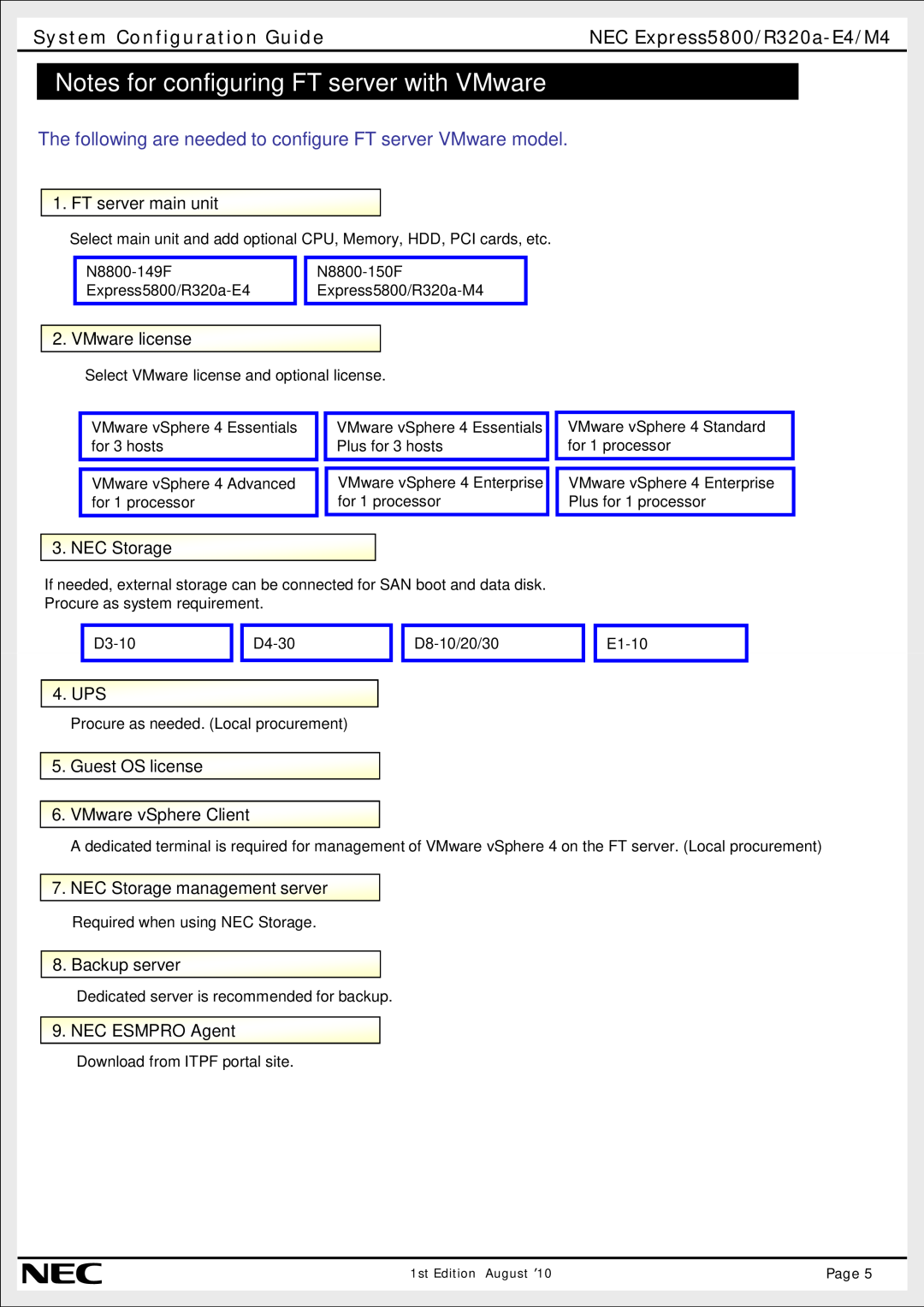 NEC R320A-E4 manual Notes for configuring FT server with VMware, FT server main unit, VMware license, NEC Storage, Ups 