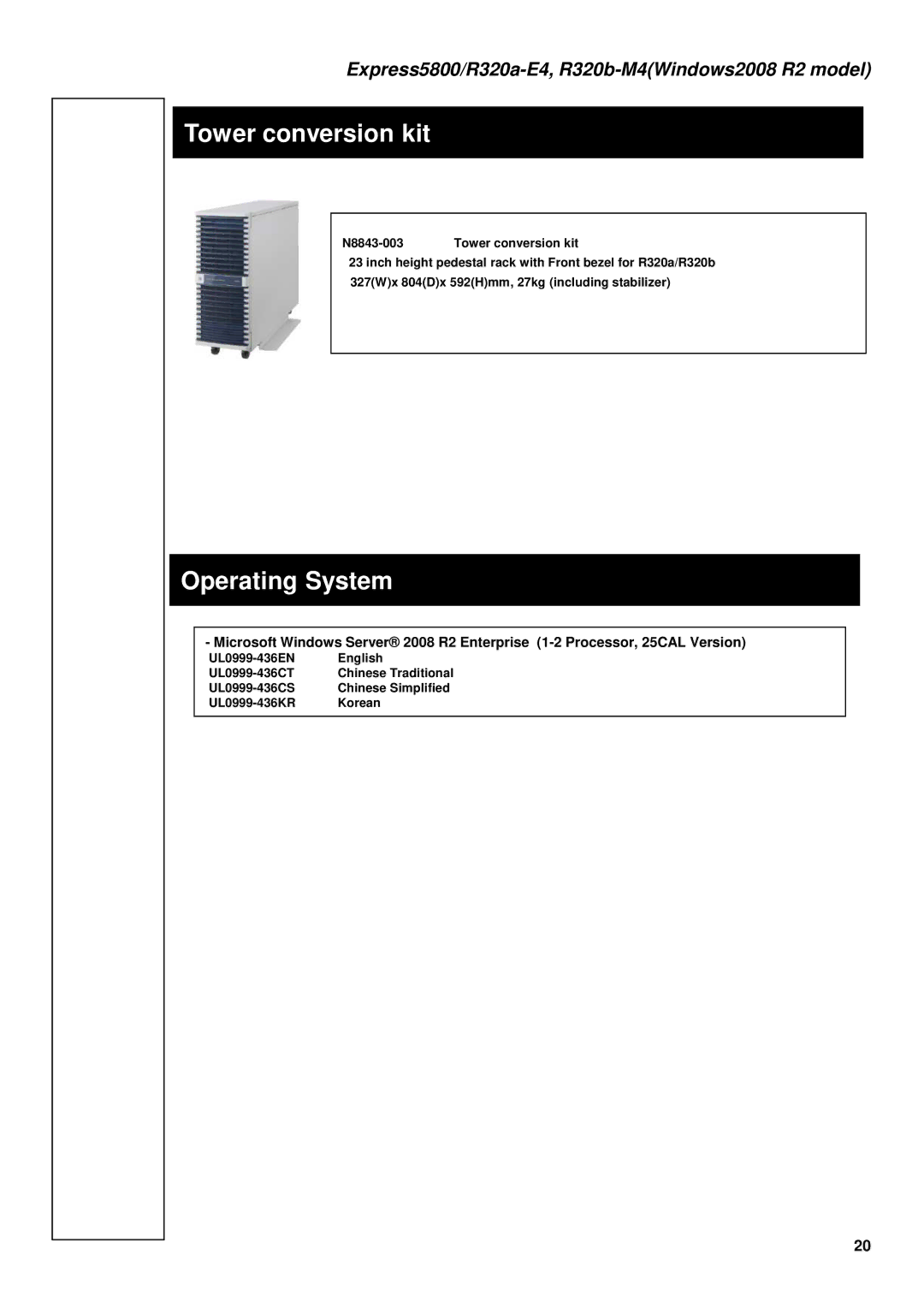 NEC R320B-M4, R320A-E4 manual Tower conversion kit, Operating System 