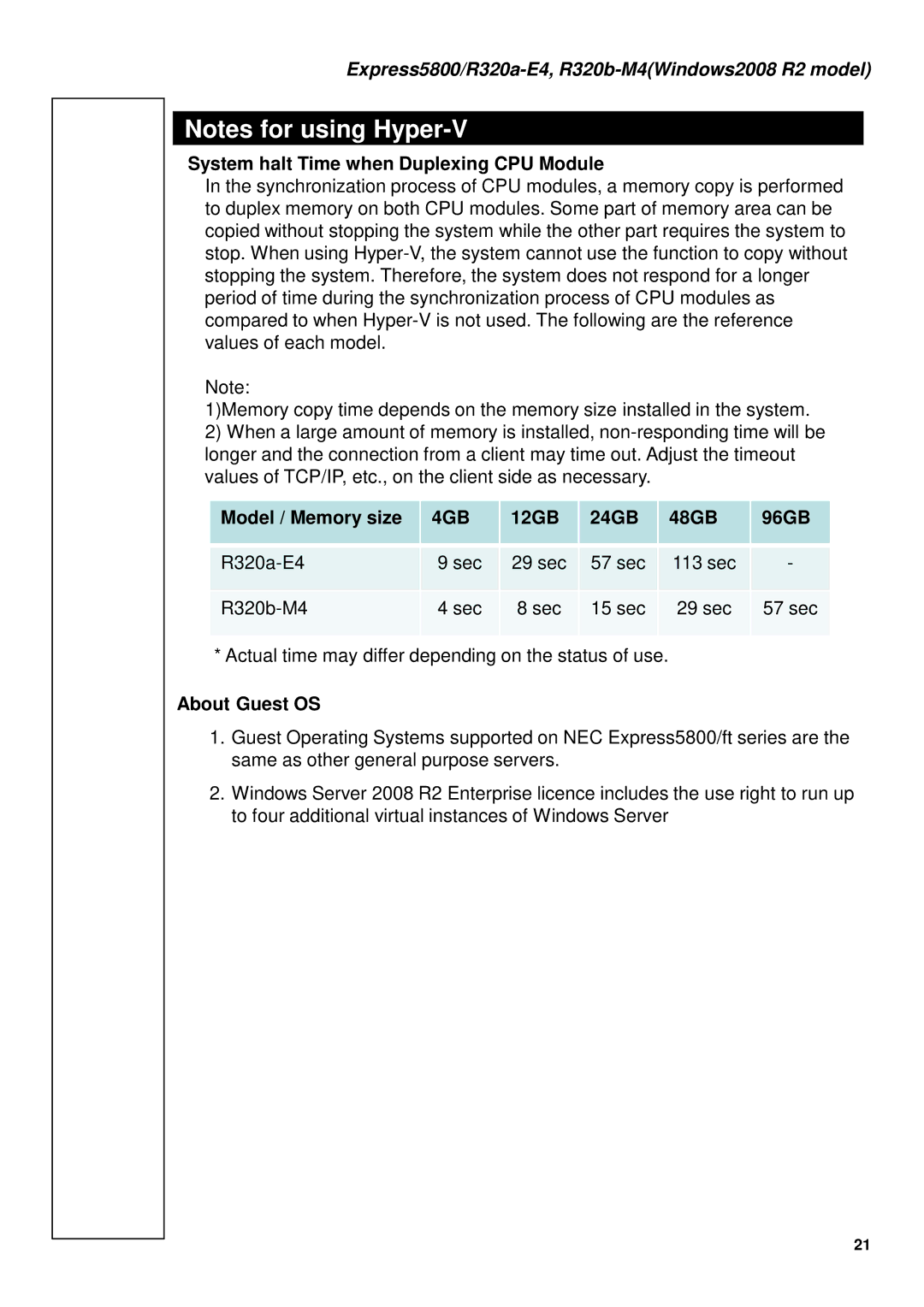NEC R320A-E4 manual System halt Time when Duplexing CPU Module, Model / Memory size, 12GB 24GB 48GB 96GB, About Guest OS 