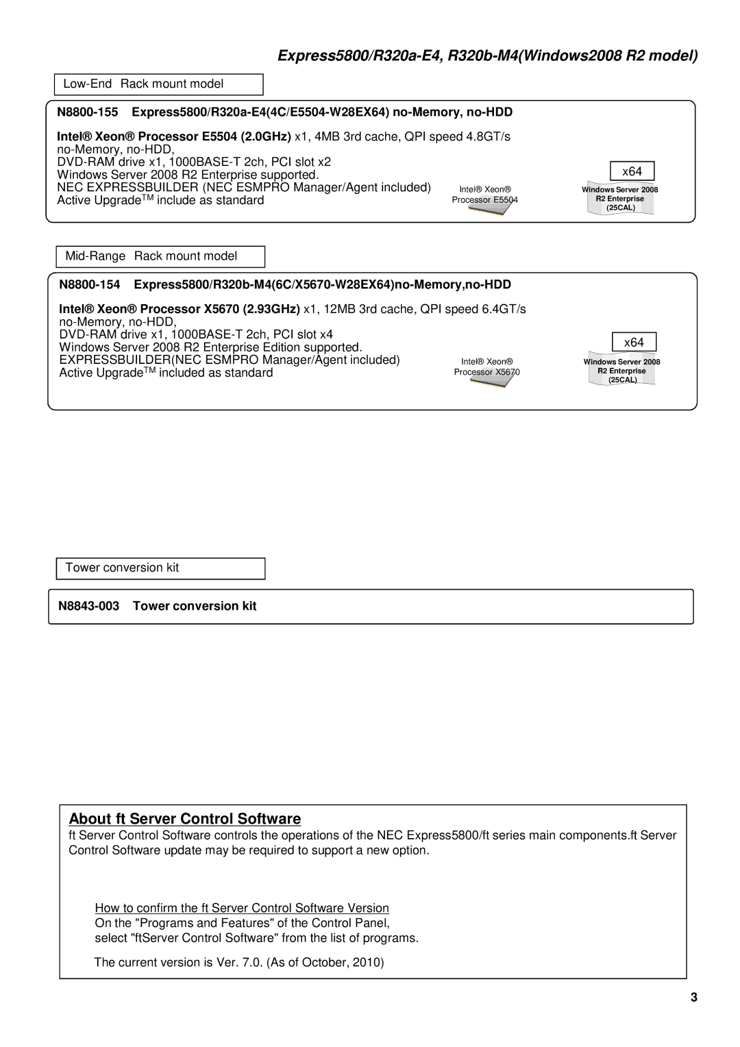 NEC R320A-E4, R320B-M4 manual About ft Server Control Software, N8843-003 Tower conversion kit 