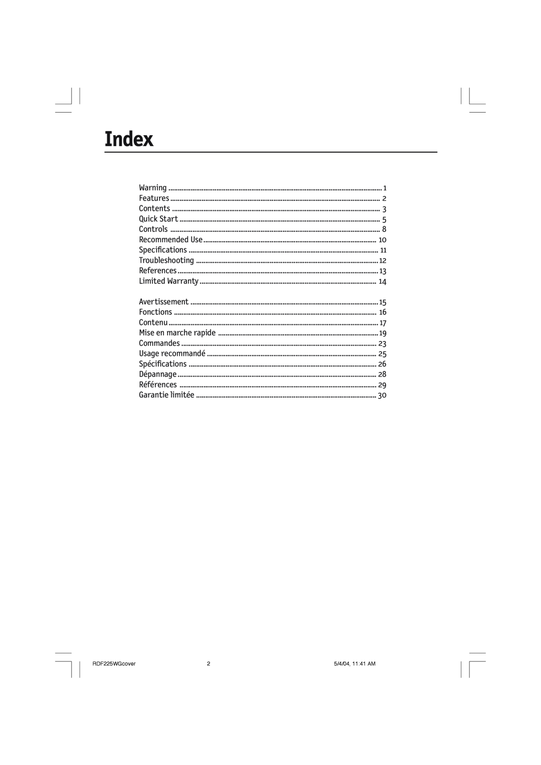 NEC RDF225WG user manual Index 