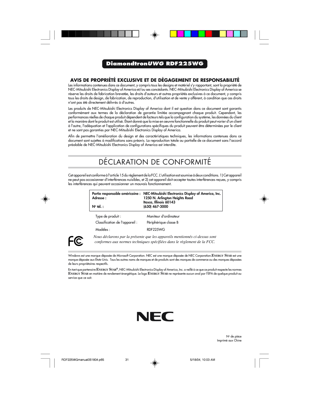 NEC Déclaration De Conformité, DiamondtronUWG RDF225WG, Avis De Propriété Exclusive Et De Dégagement De Responsabilité 