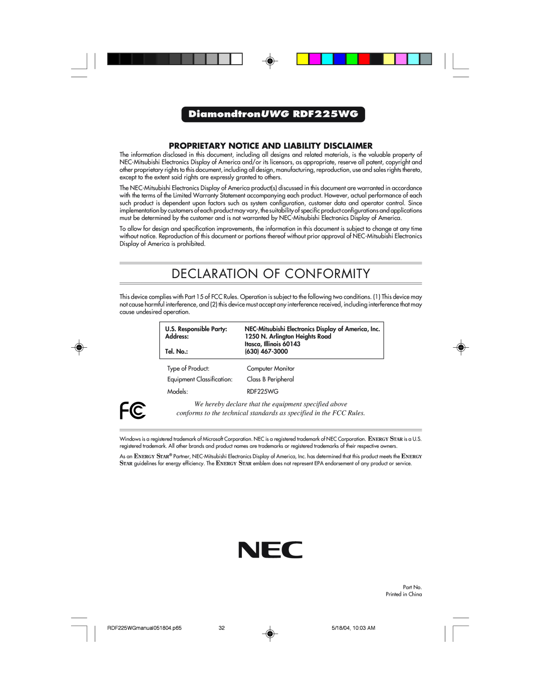 NEC user manual Declaration Of Conformity, DiamondtronUWG RDF225WG, Proprietary Notice And Liability Disclaimer 