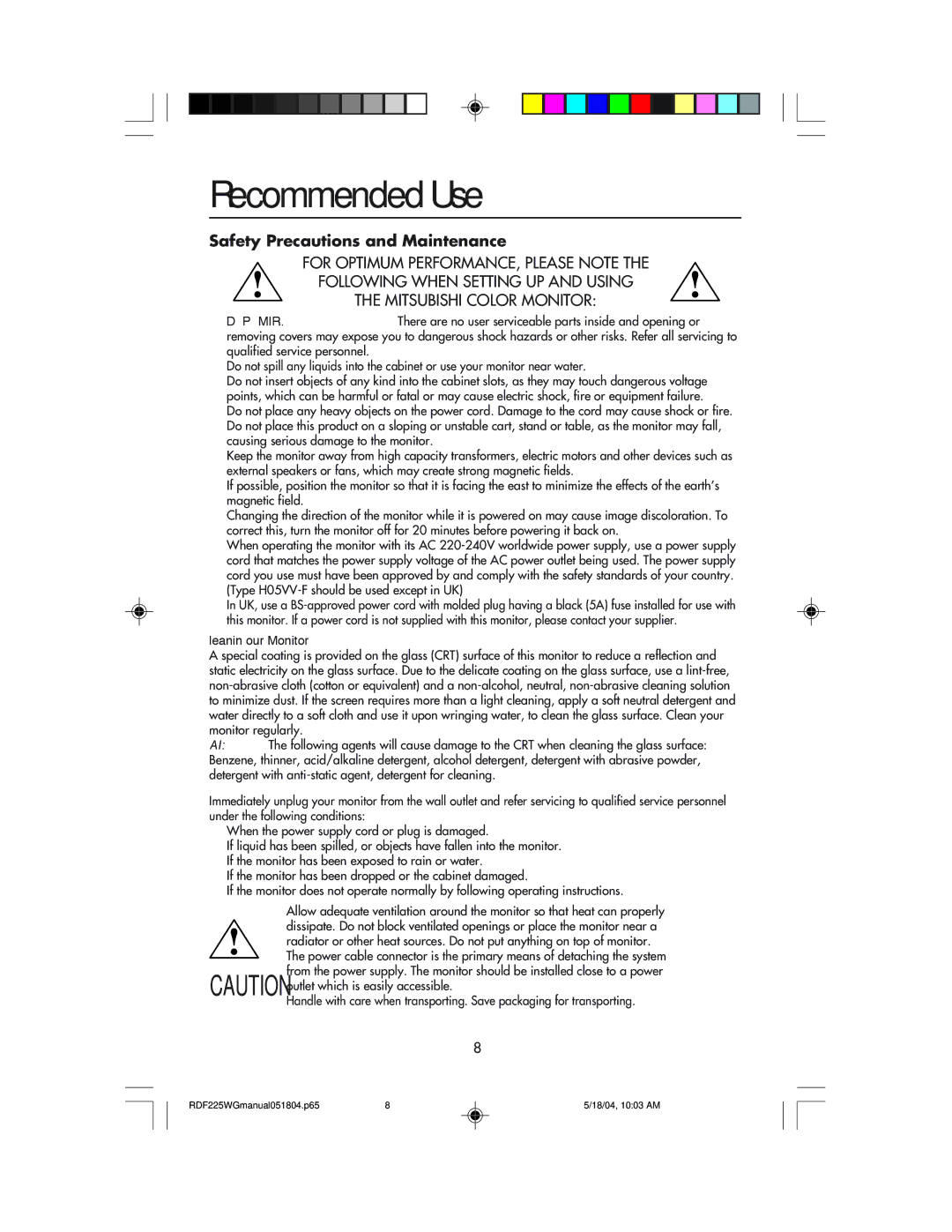 NEC RDF225WG user manual Recommended Use, Safety Precautions and Maintenance 