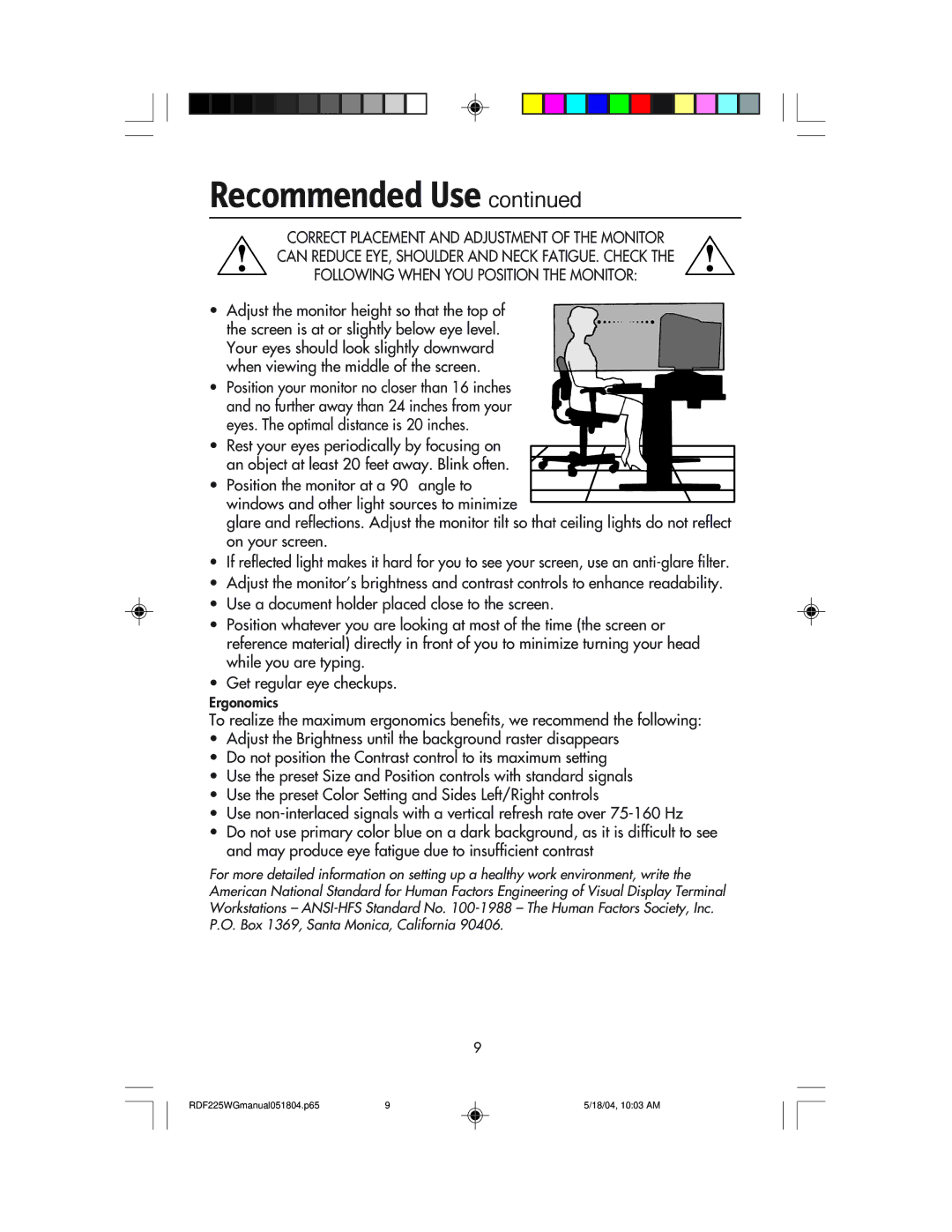 NEC RDF225WG user manual Adjust the monitor height so that the top 