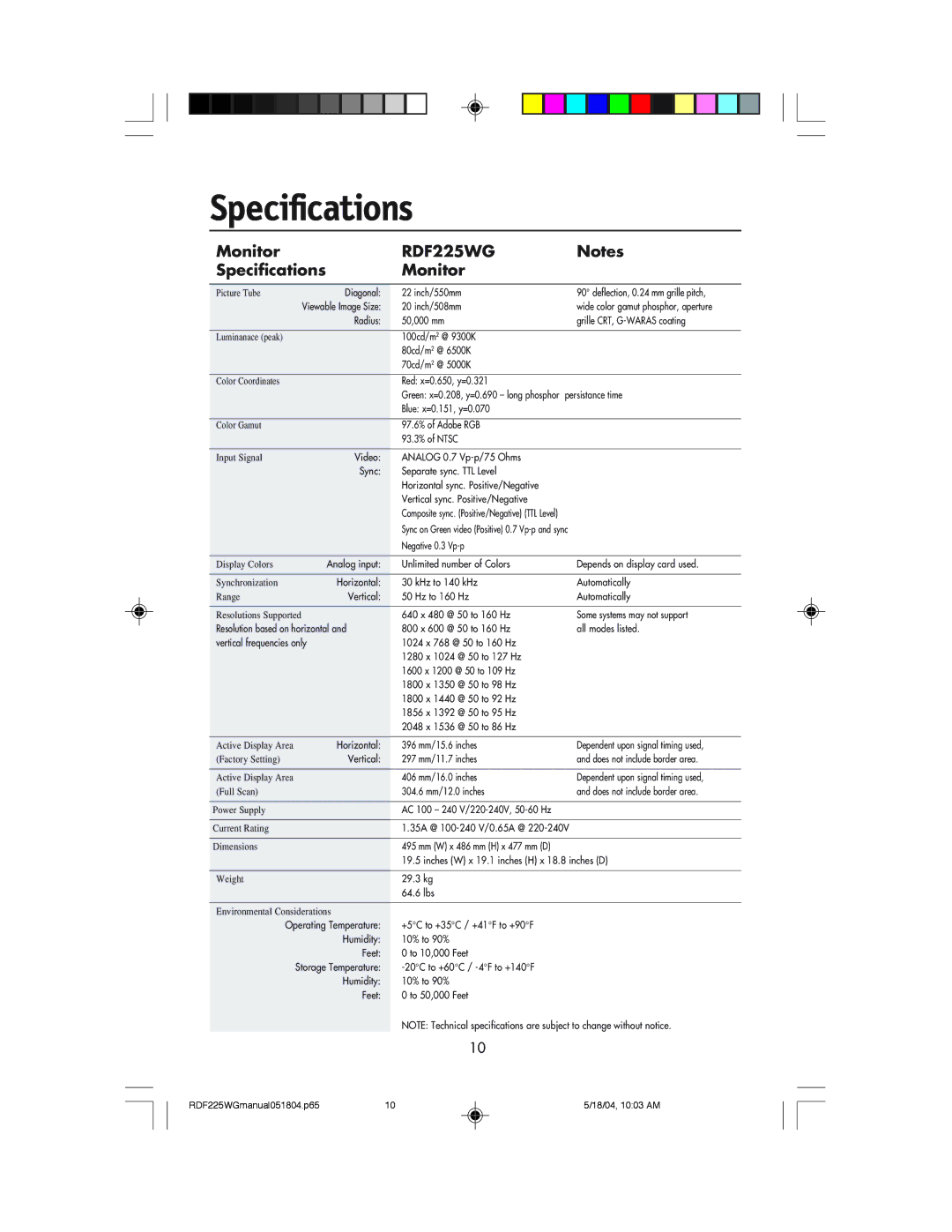 NEC RDF225WG user manual Specifications Monitor 