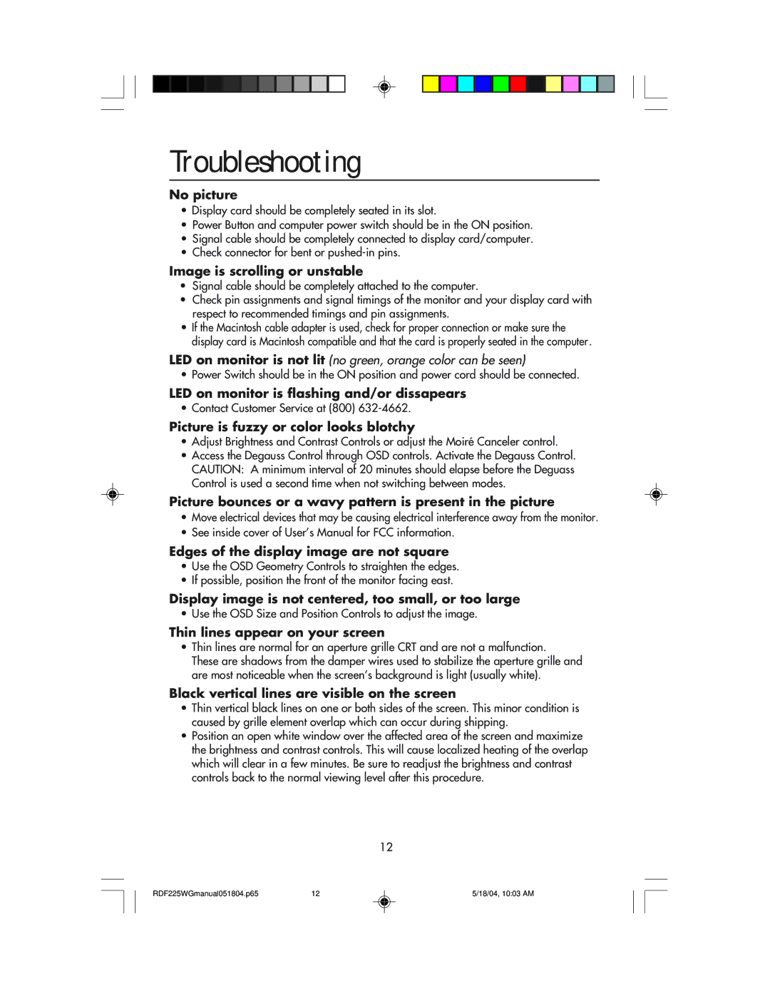 NEC RDF225WG user manual Troubleshooting 