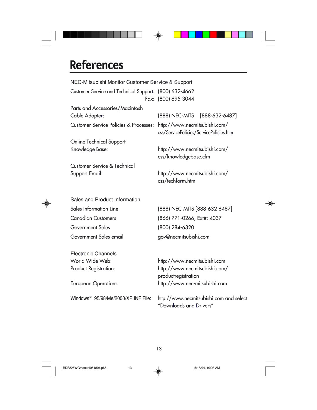 NEC RDF225WG user manual References 