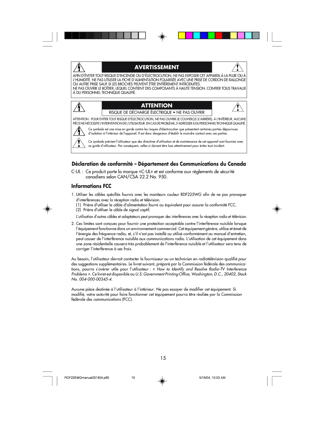 NEC RDF225WG user manual Avertissement, Informations FCC 