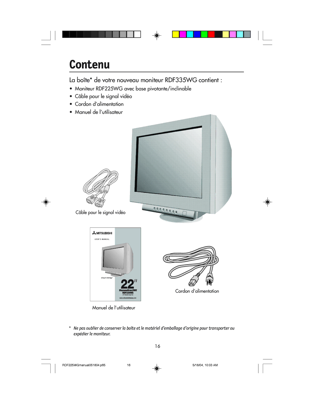 NEC RDF225WG user manual Contenu, La bote* de votre nouveau moniteur RDF335WG contient 