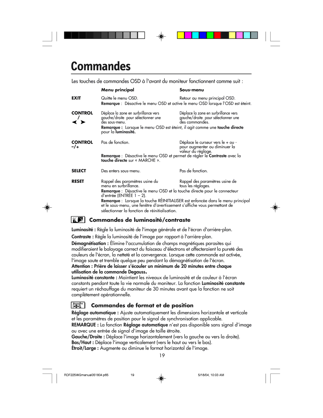 NEC RDF225WG user manual Commandes de luminosité/contraste, Commandes de format et de position 