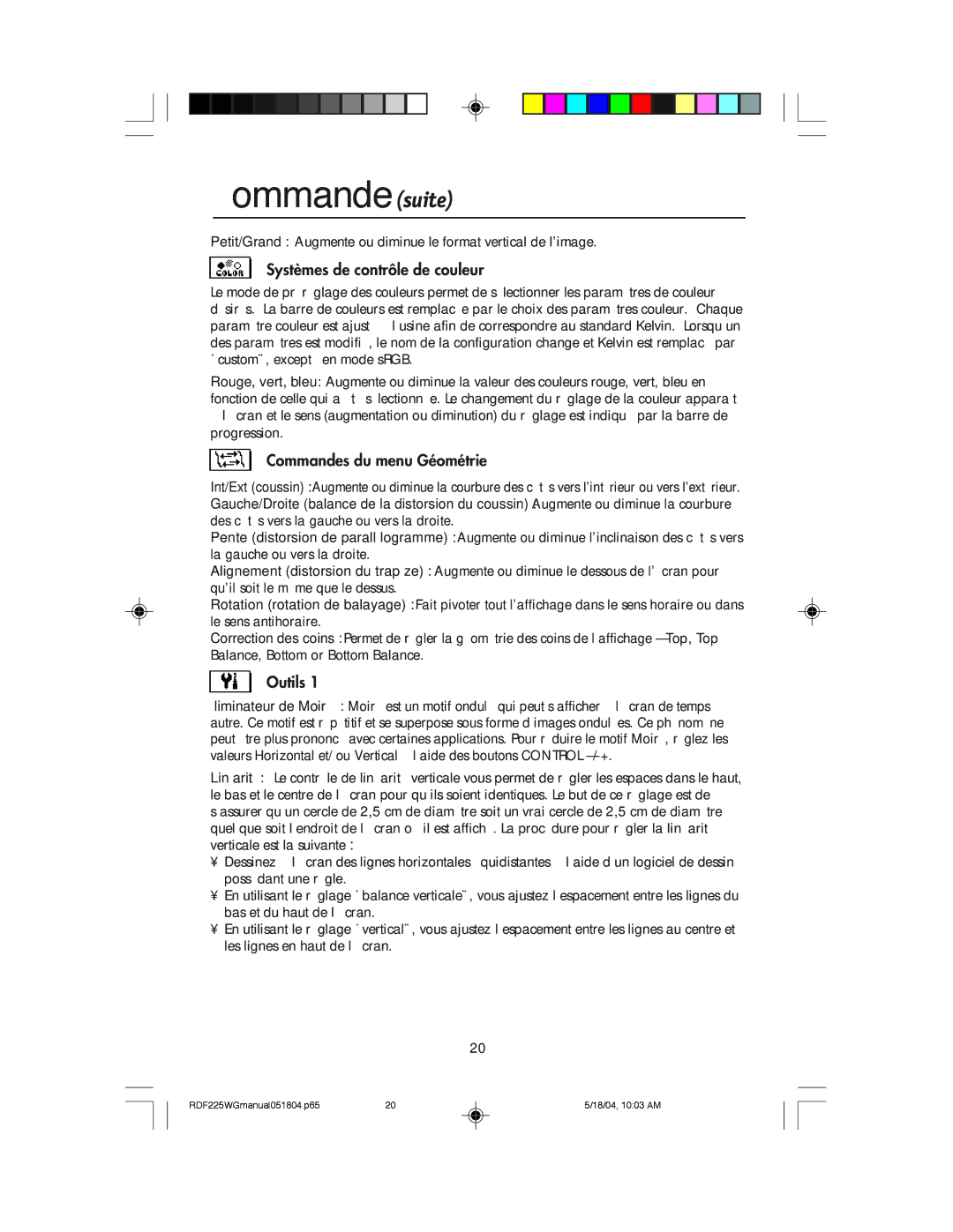 NEC RDF225WG user manual Commandes suite, Systèmes de contrôle de couleur, Commandes du menu Géométrie, Outils 