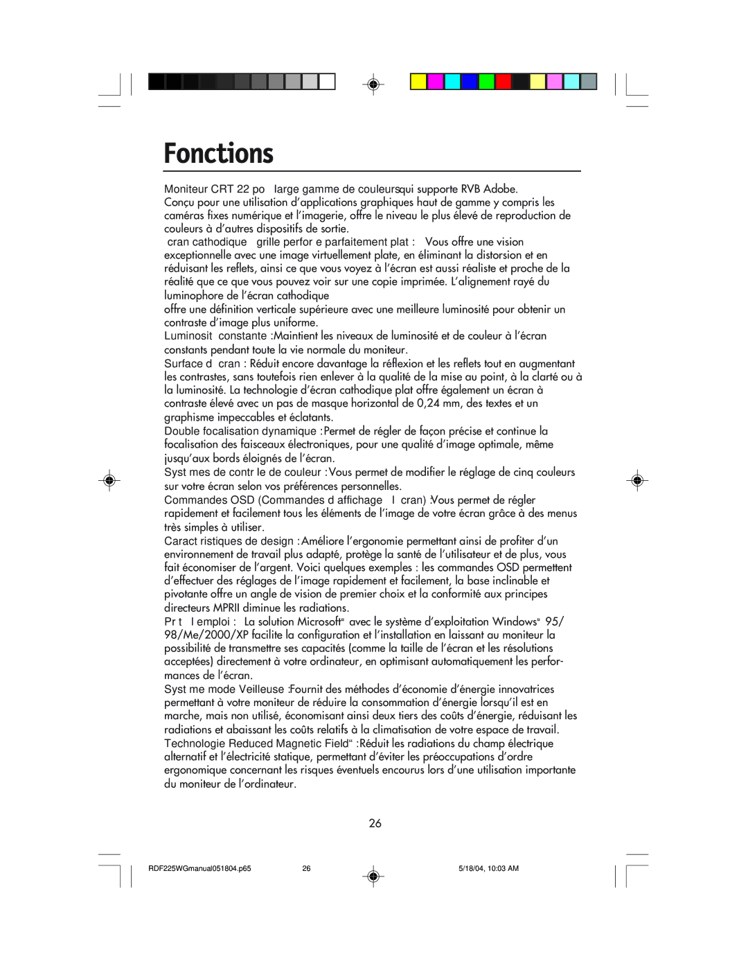 NEC RDF225WG user manual Fonctions 