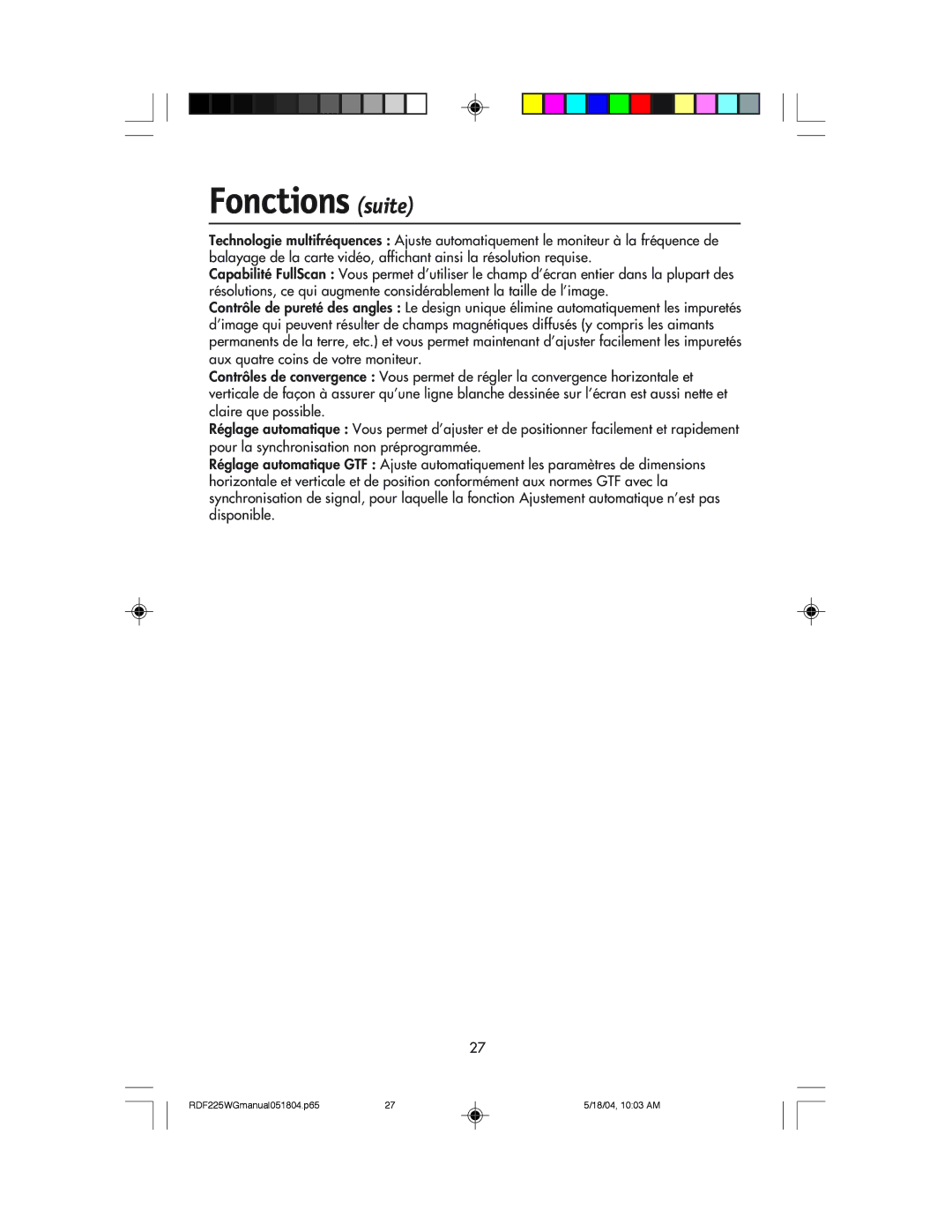 NEC RDF225WG user manual Fonctions suite 