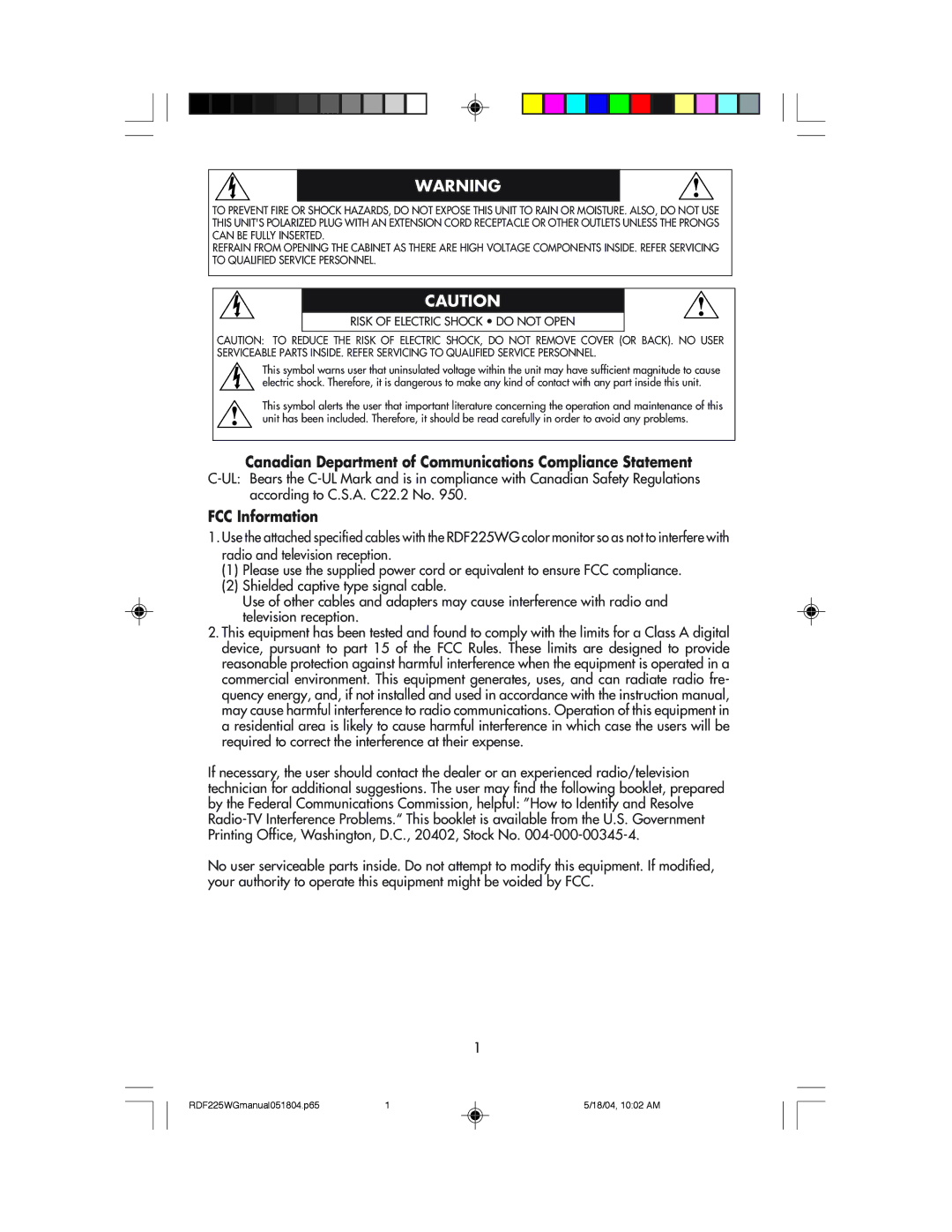 NEC RDF225WG user manual Canadian Department of Communications Compliance Statement, FCC Information 