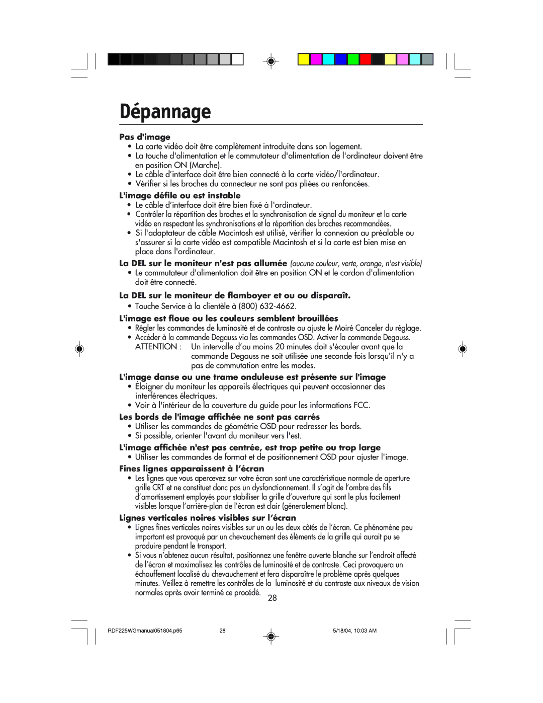 NEC RDF225WG user manual Dépannage, Pas dimage 