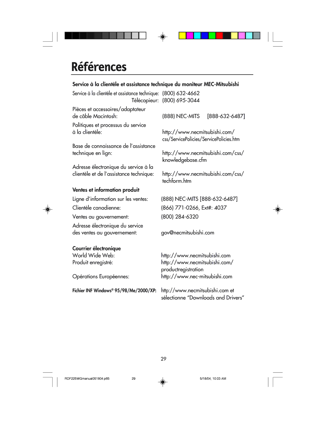 NEC RDF225WG user manual Références 