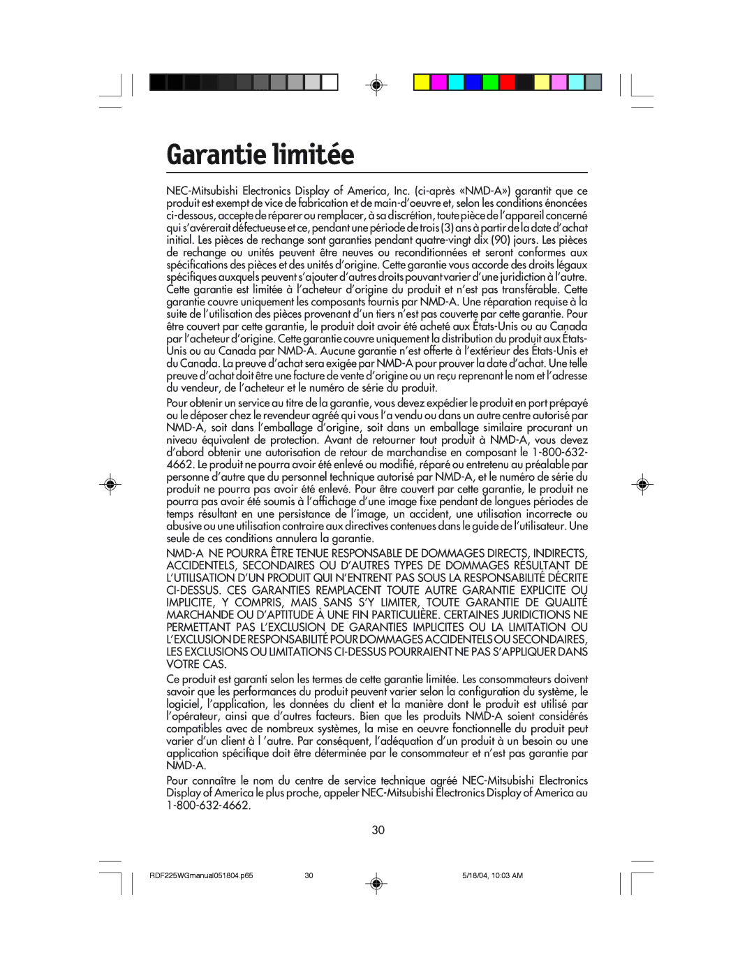 NEC RDF225WG user manual Garantie limitée 