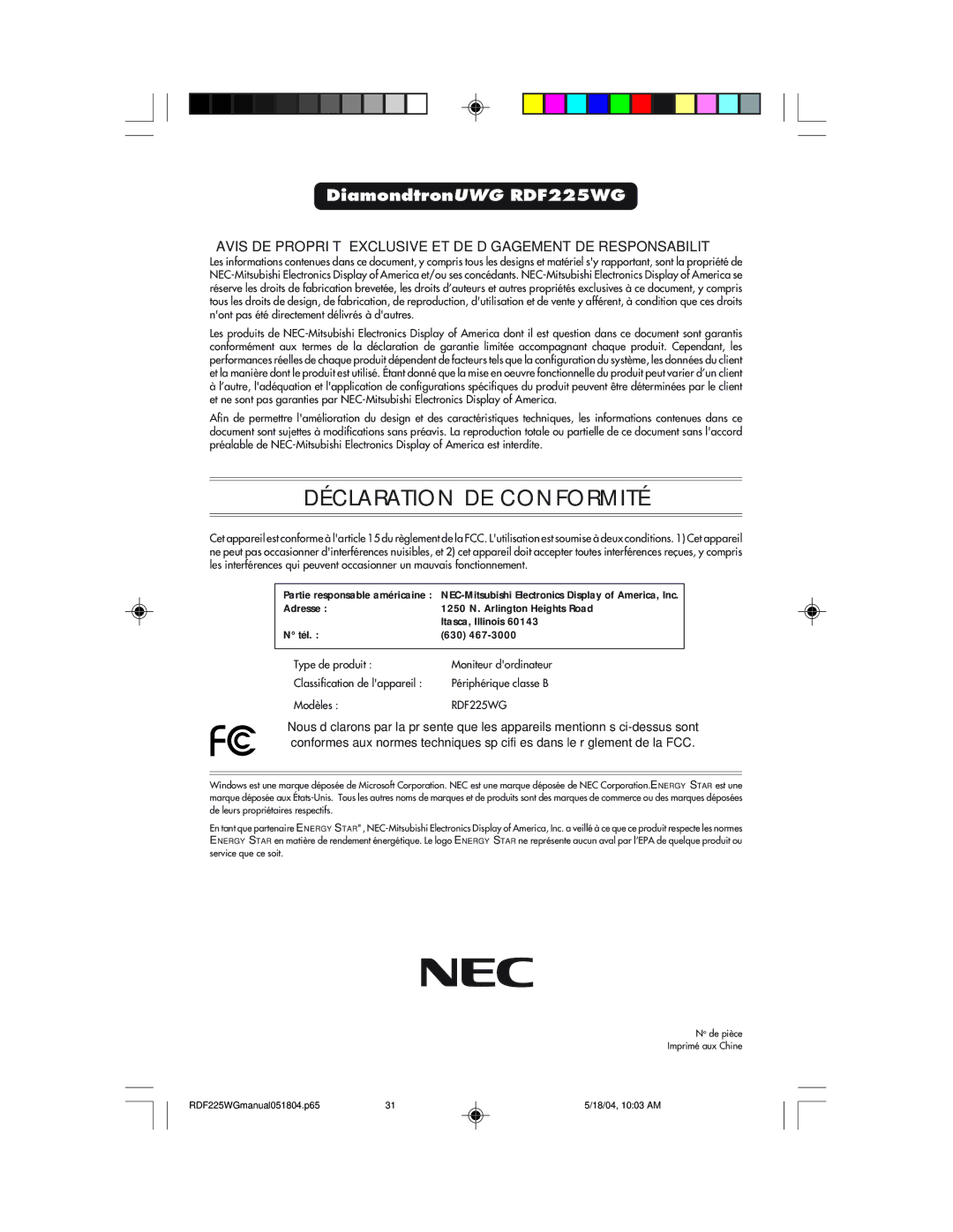 NEC RDF225WG user manual Déclaration DE Conformité 