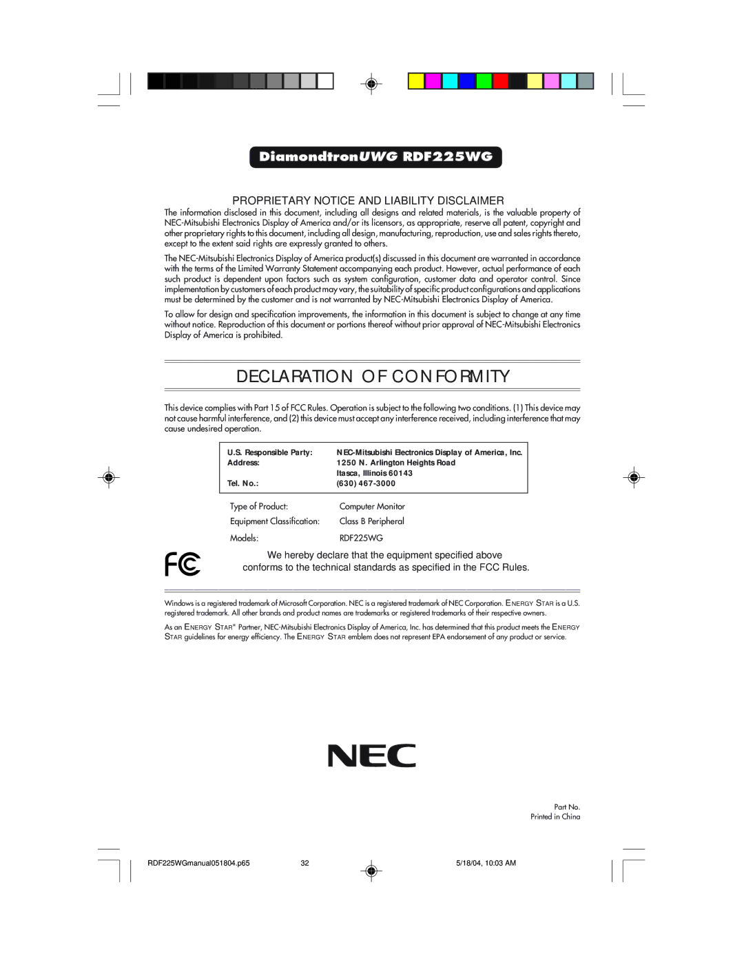 NEC RDF225WG user manual Declaration of Conformity 