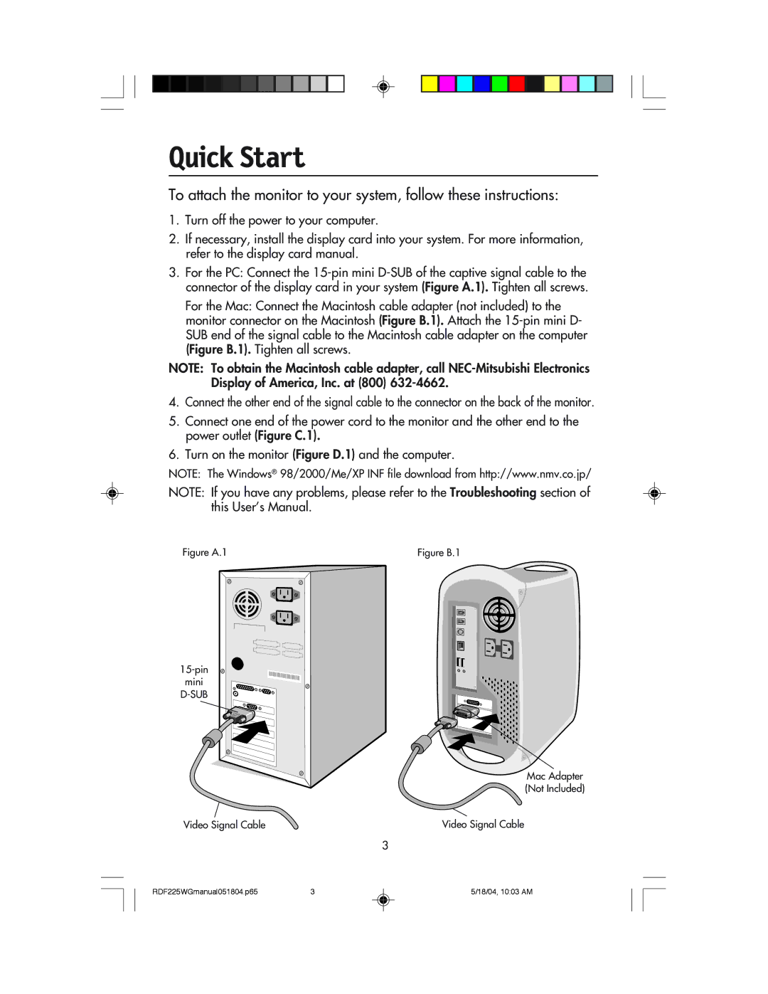 NEC RDF225WG user manual Quick Start, Sub 