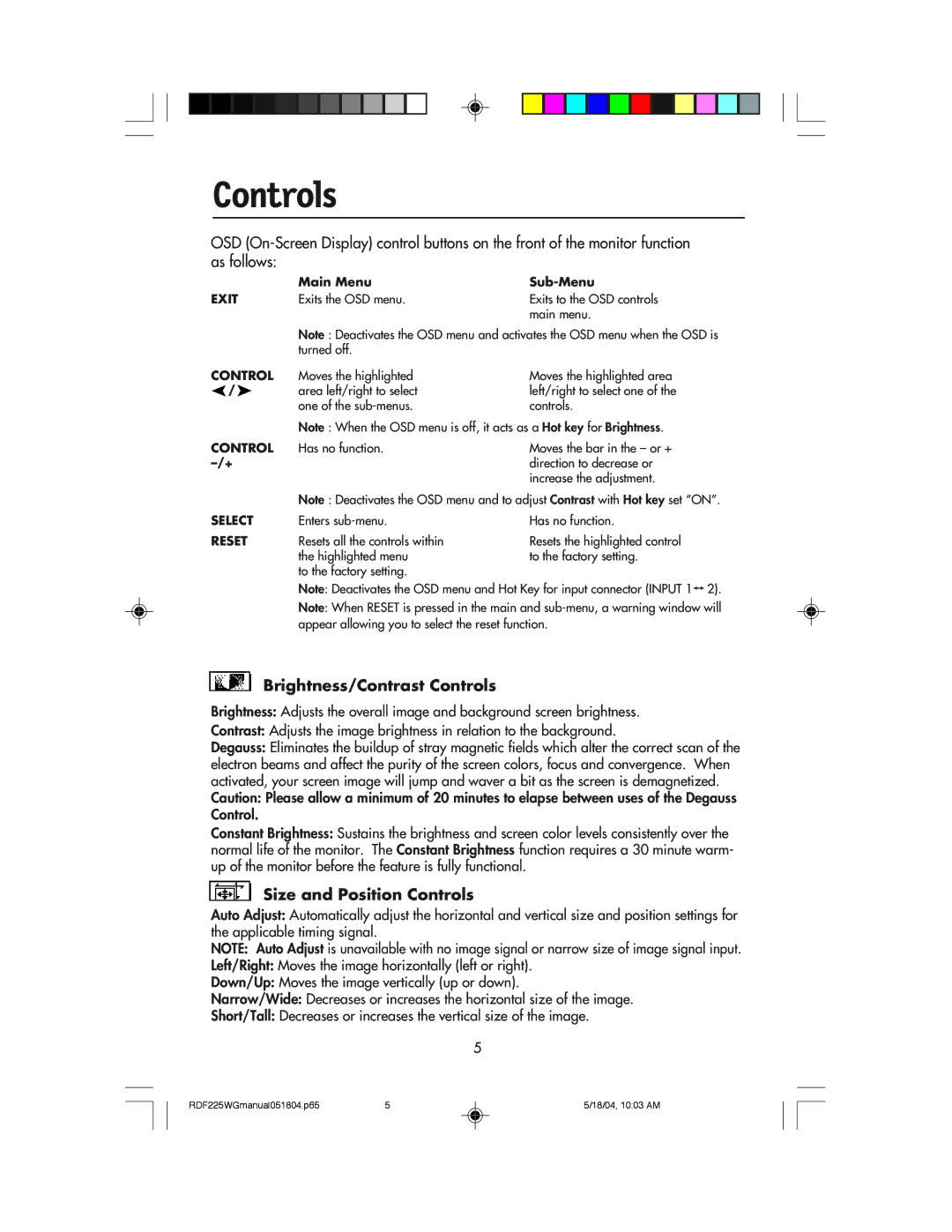 NEC RDF225WG user manual Brightness/Contrast Controls, Size and Position Controls 