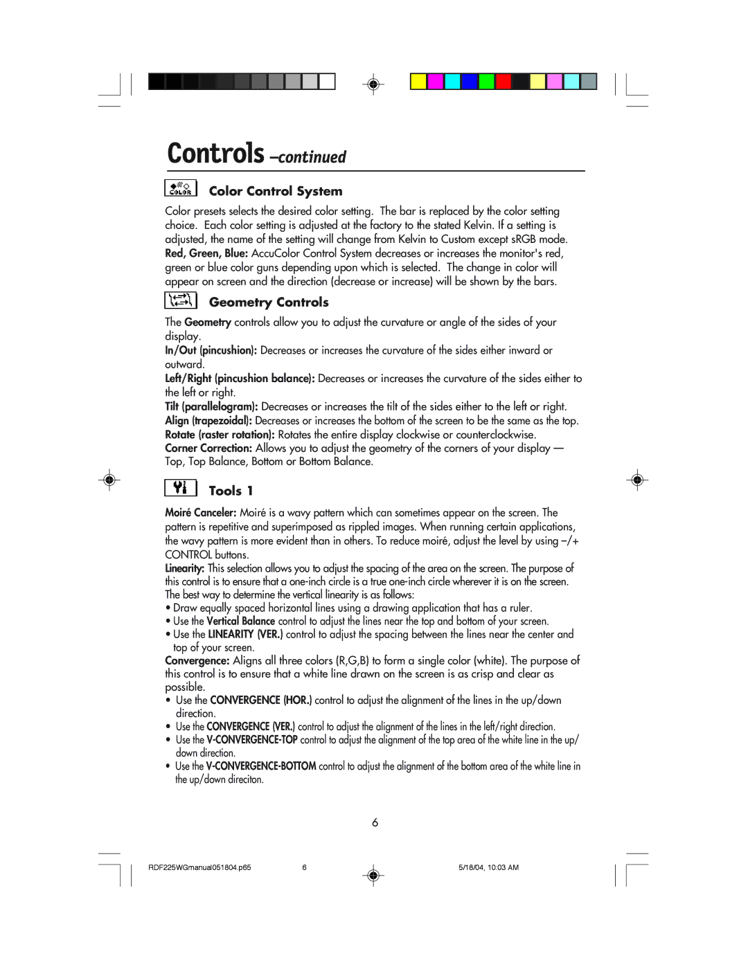 NEC RDF225WG user manual Color Control System, Geometry Controls, Tools 