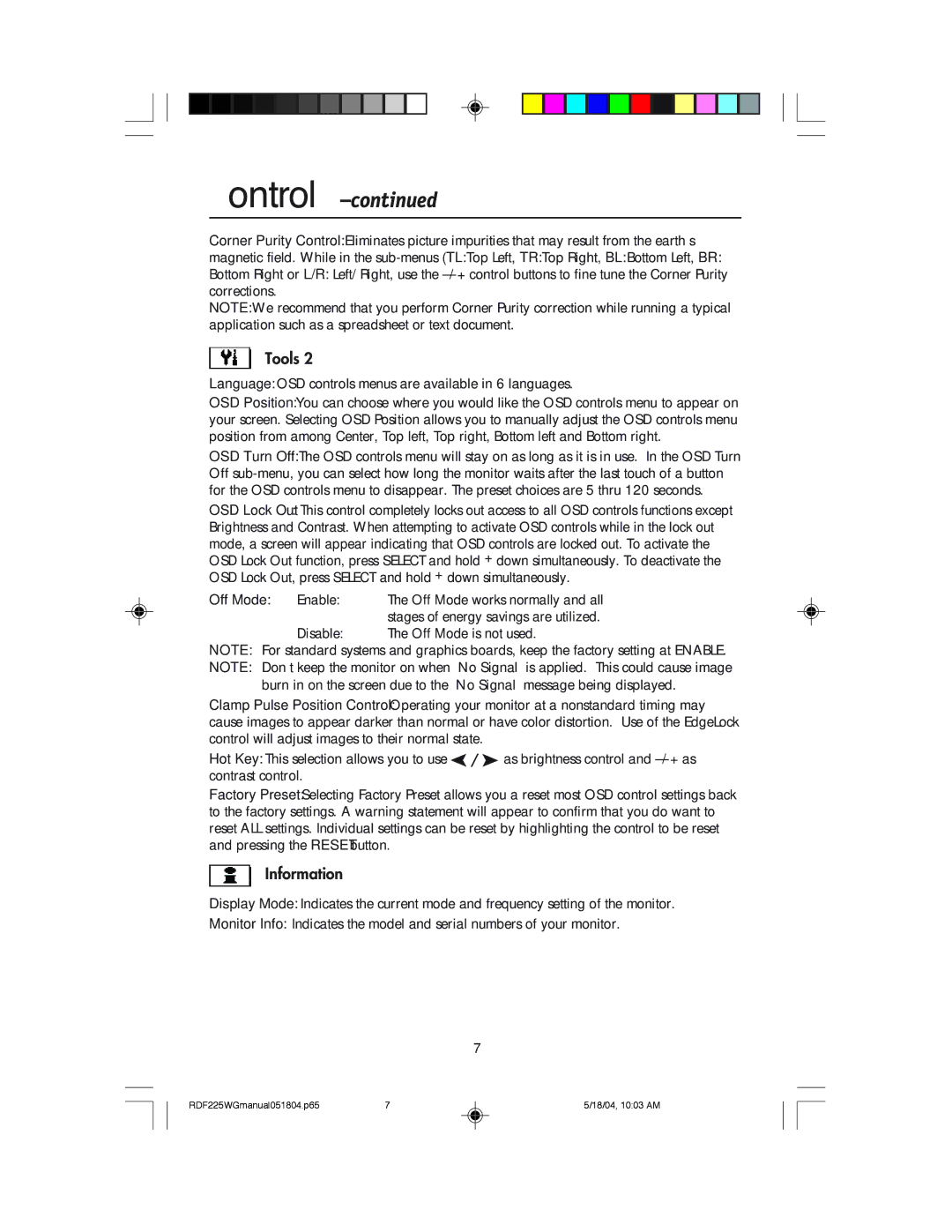 NEC RDF225WG user manual Information, Language OSD controls menus are available in 6 languages 