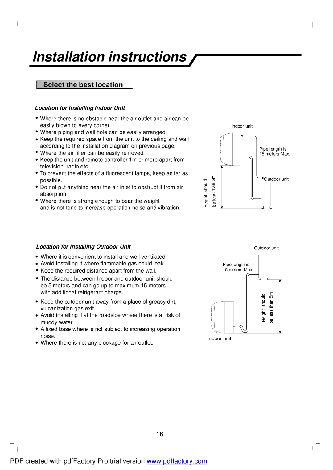 NEC RIH-3267, RIH-2667 user manual Location for Installing Indoor Unit, Location for Installing Outdoor Unit 