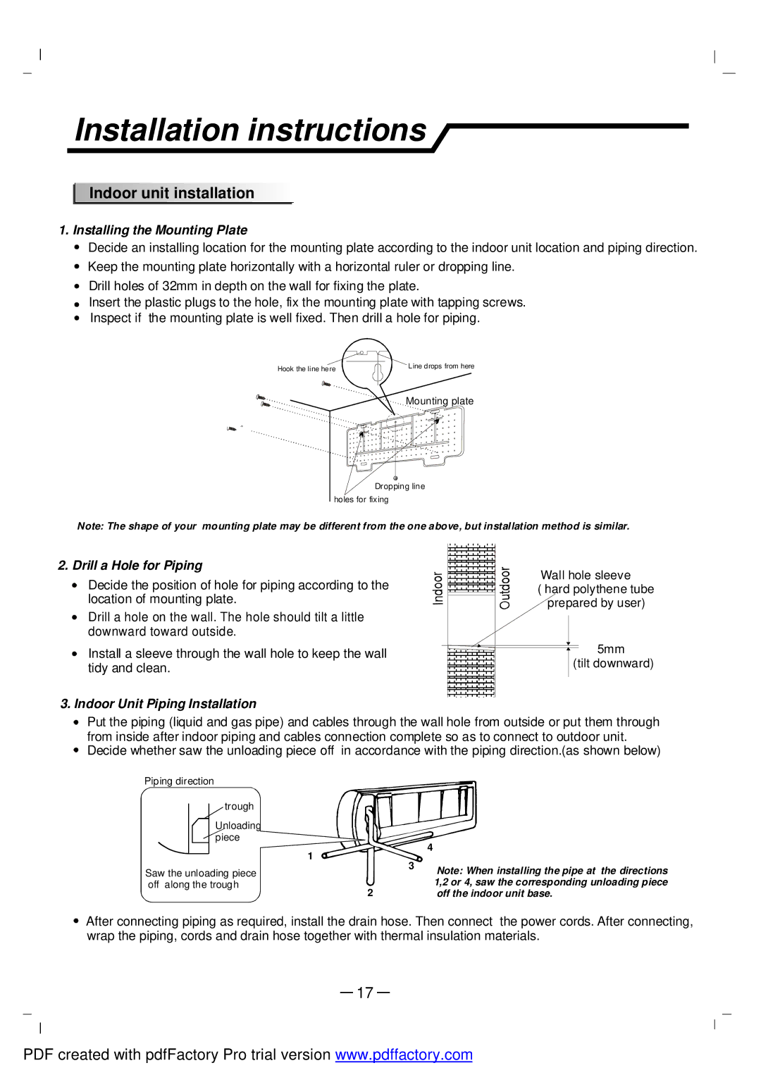 NEC RIH-2667, RIH-3267 user manual Indoor unit installation, Installing the Mounting Plate, Drill a Hole for Piping 