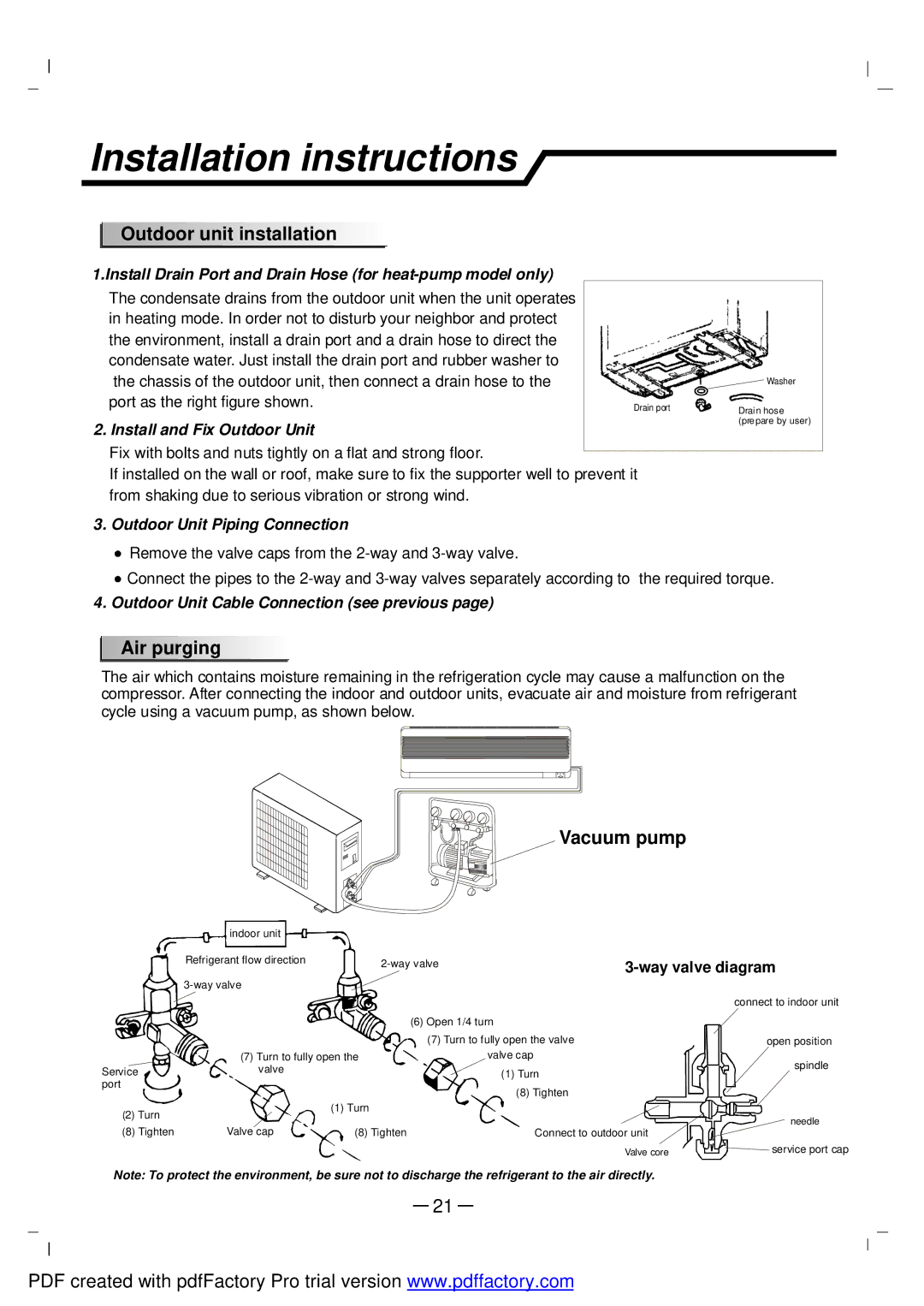 NEC RIH-2667, RIH-3267 user manual Outdoor unit installation, Air purging, Vacuum pump 