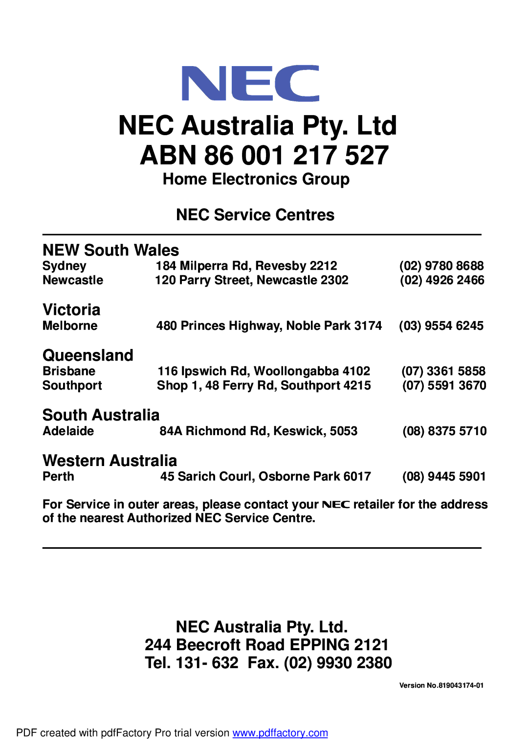 NEC RIH-2667, RIH-3267 user manual ABN 86 001 217 