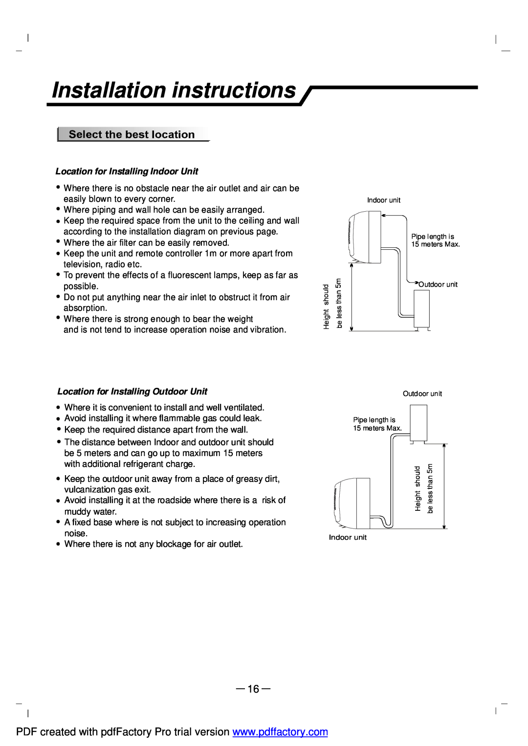 NEC RIH-3267 Installation instructions, Location for Installing Indoor Unit, Location for Installing Outdoor Unit 