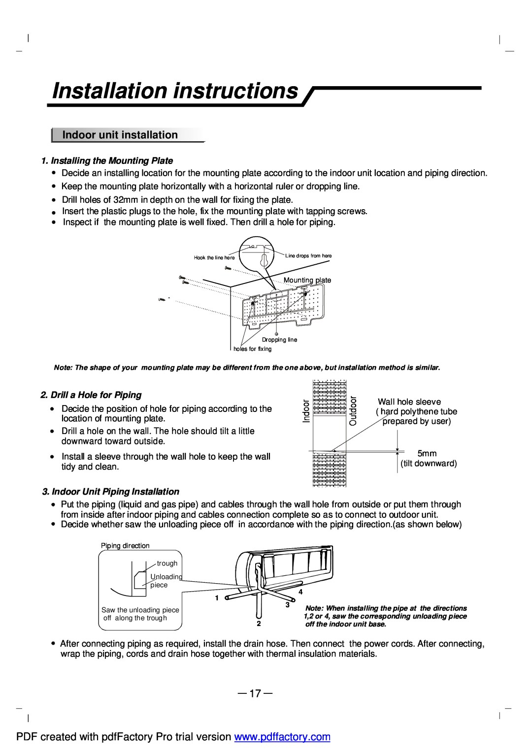 NEC RIH-2667 Installation instructions, Indoorunitinstallation, Installing the Mounting Plate, Drill a Hole for Piping 