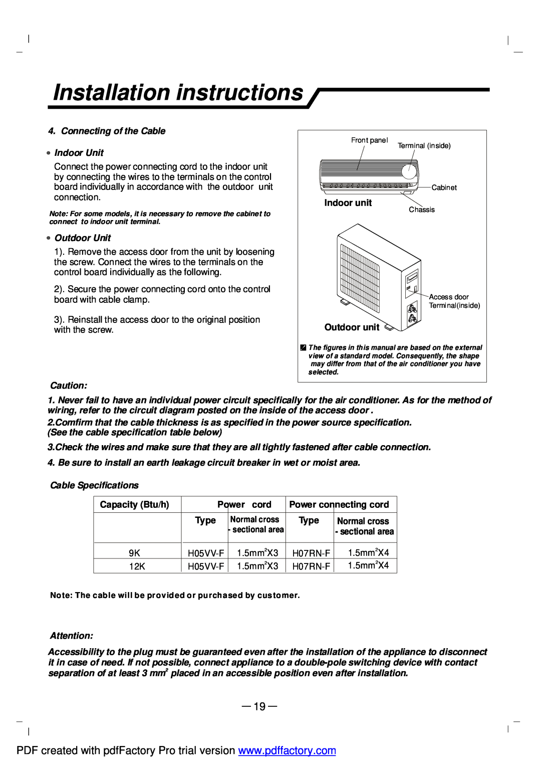 NEC RIH-2667 Installation instructions, Connecting of the Cable Indoor Unit, Outdoor Unit, Indoor unit Outdoor unit, Type 