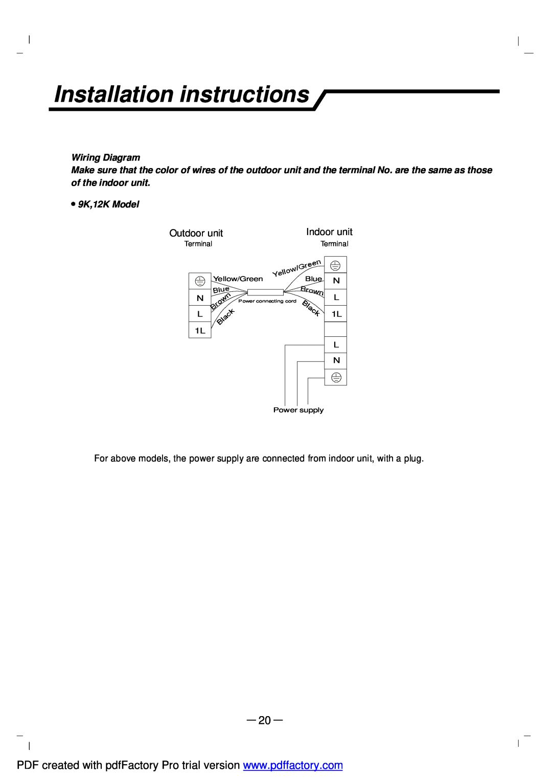 NEC RIH-3267, RIH-2667 user manual Installation instructions, Outdoor unit, Indoor unit, Wiring Diagram, 9K,12K Model 
