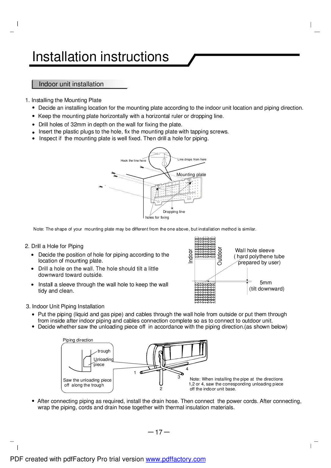 NEC RIH-6867 user manual Indoor unit installation, Installing the Mounting Plate, Drill a Hole for Piping 