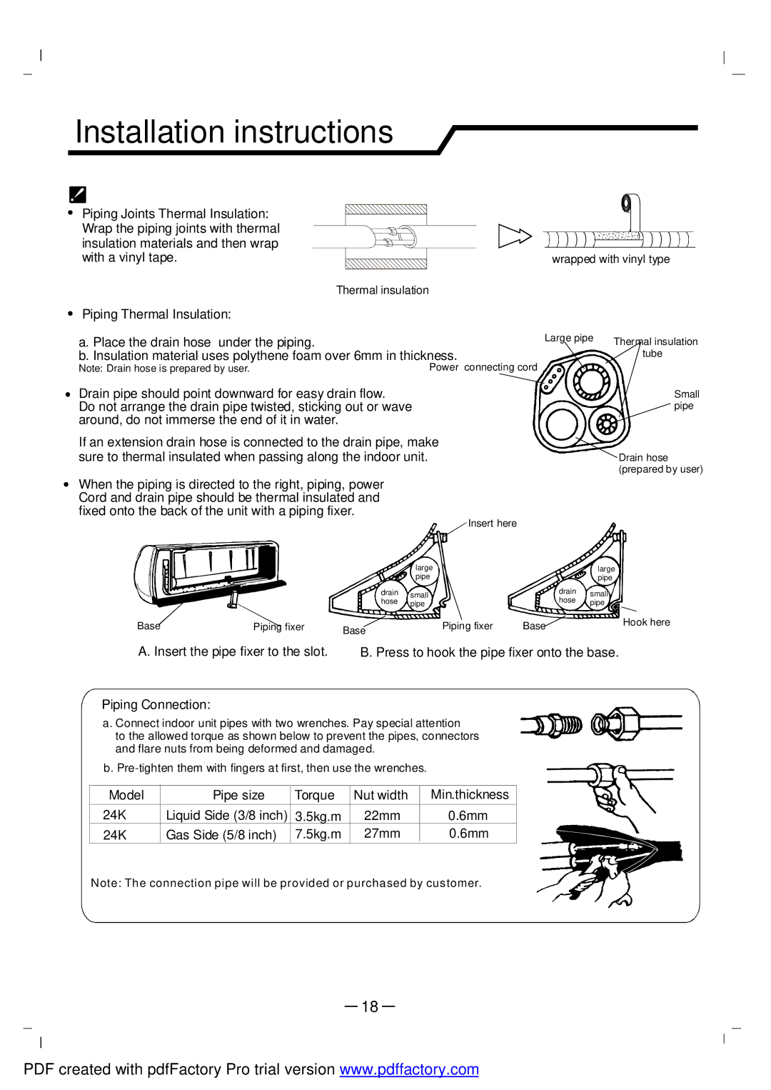 NEC RIH-6867 user manual Piping Thermal Insulation, Piping Connection, Model Pipe size Torque Nut width Min.thickness 