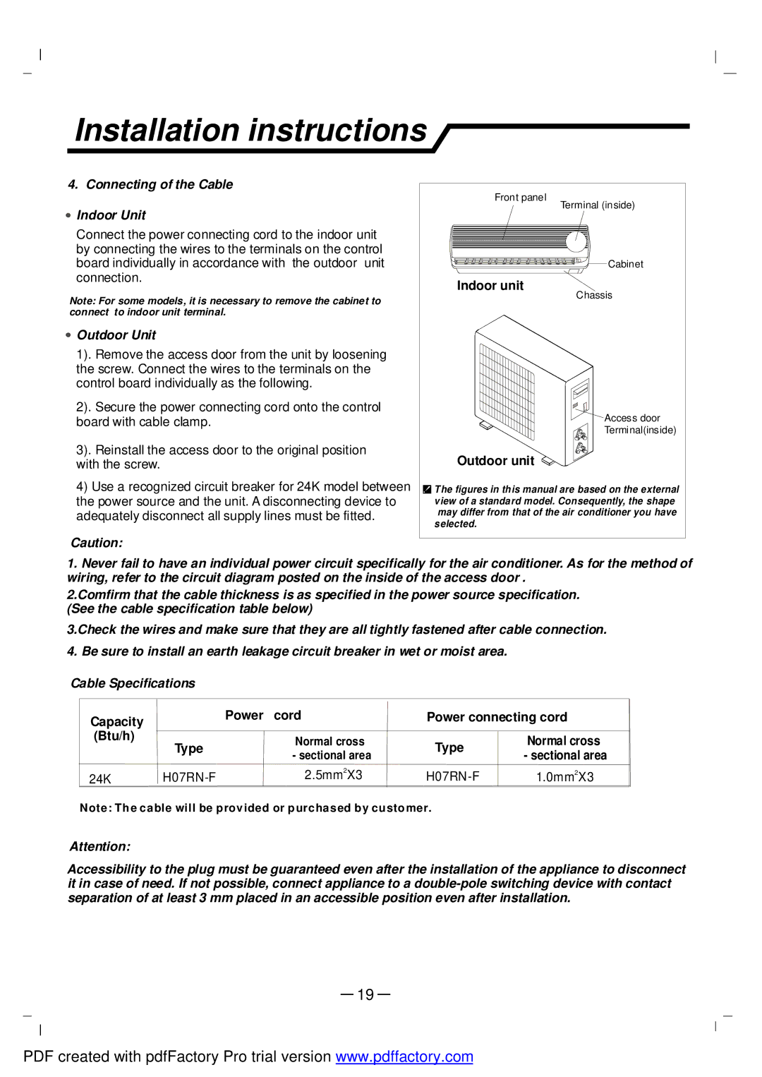 NEC RIH-6867 user manual Connecting of the Cable Indoor Unit, Outdoor Unit 