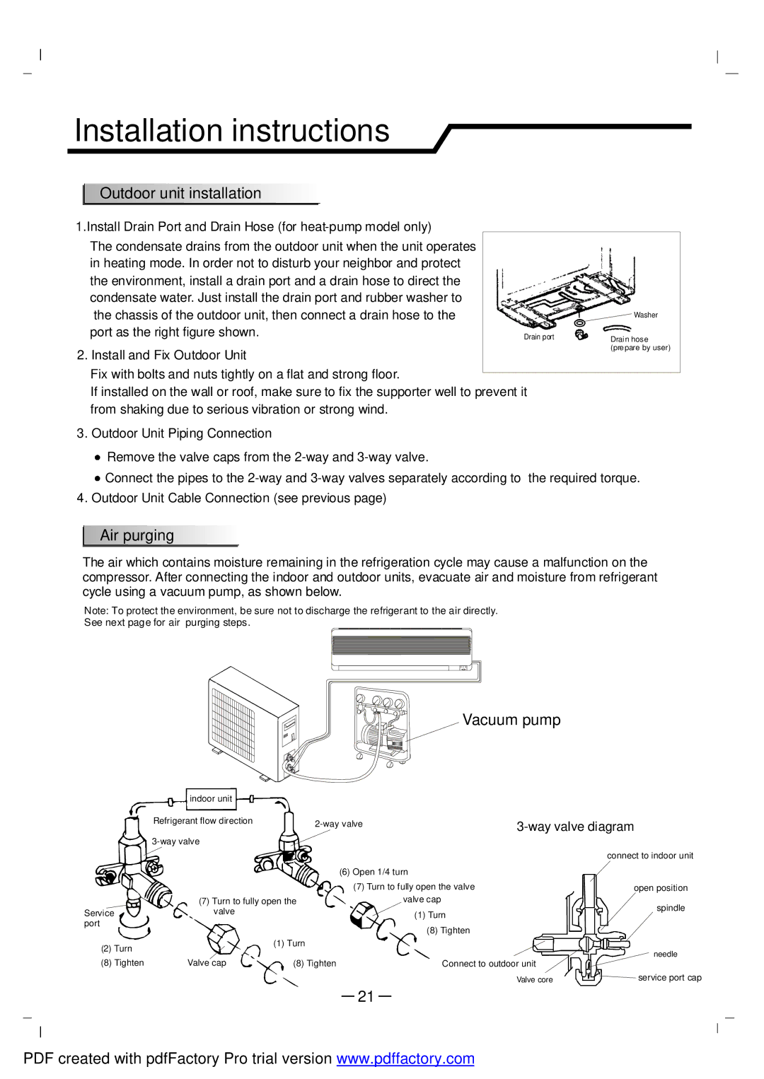 NEC RIH-6867 user manual Outdoor unit installation, Air purging, Vacuum pump 