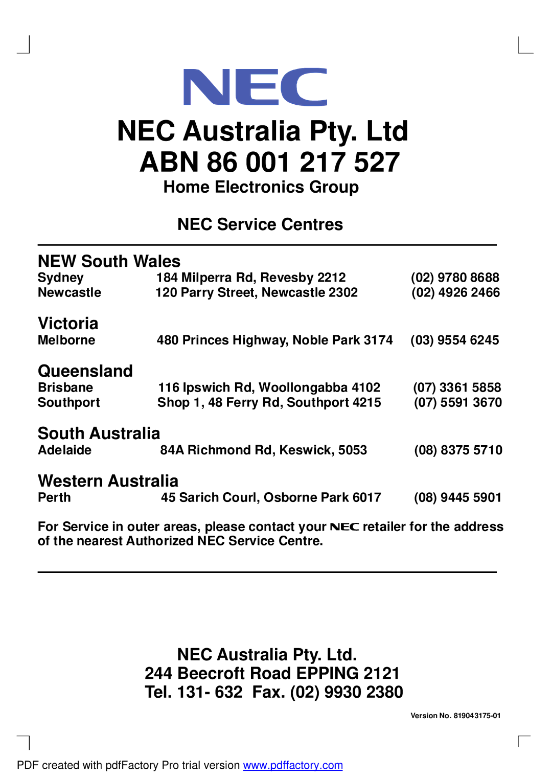 NEC RIH-6867 user manual ABN 86 001 217 