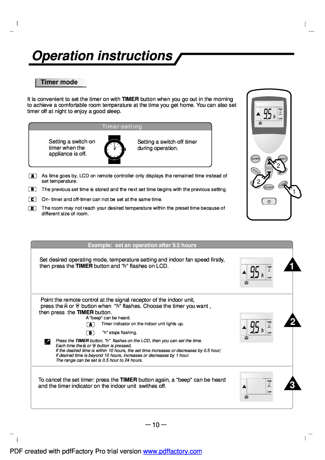 NEC RIH-6867 user manual Operation instructions, Timermode, Timer-setting, Example set an operation after 9.5 hours 