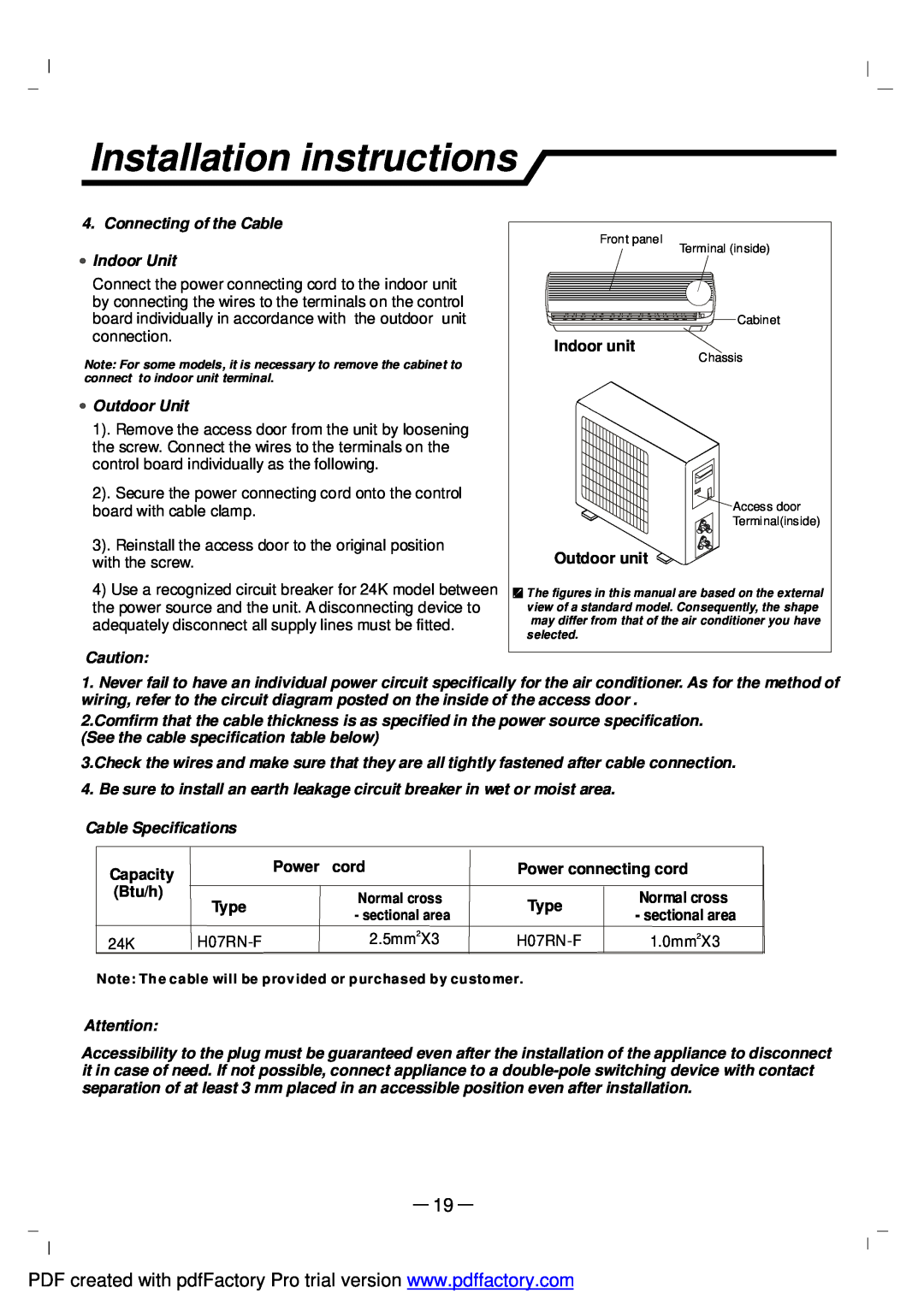 NEC RIH-6867 user manual Installation instructions, Connecting of the Cable Indoor Unit, Outdoor Unit 