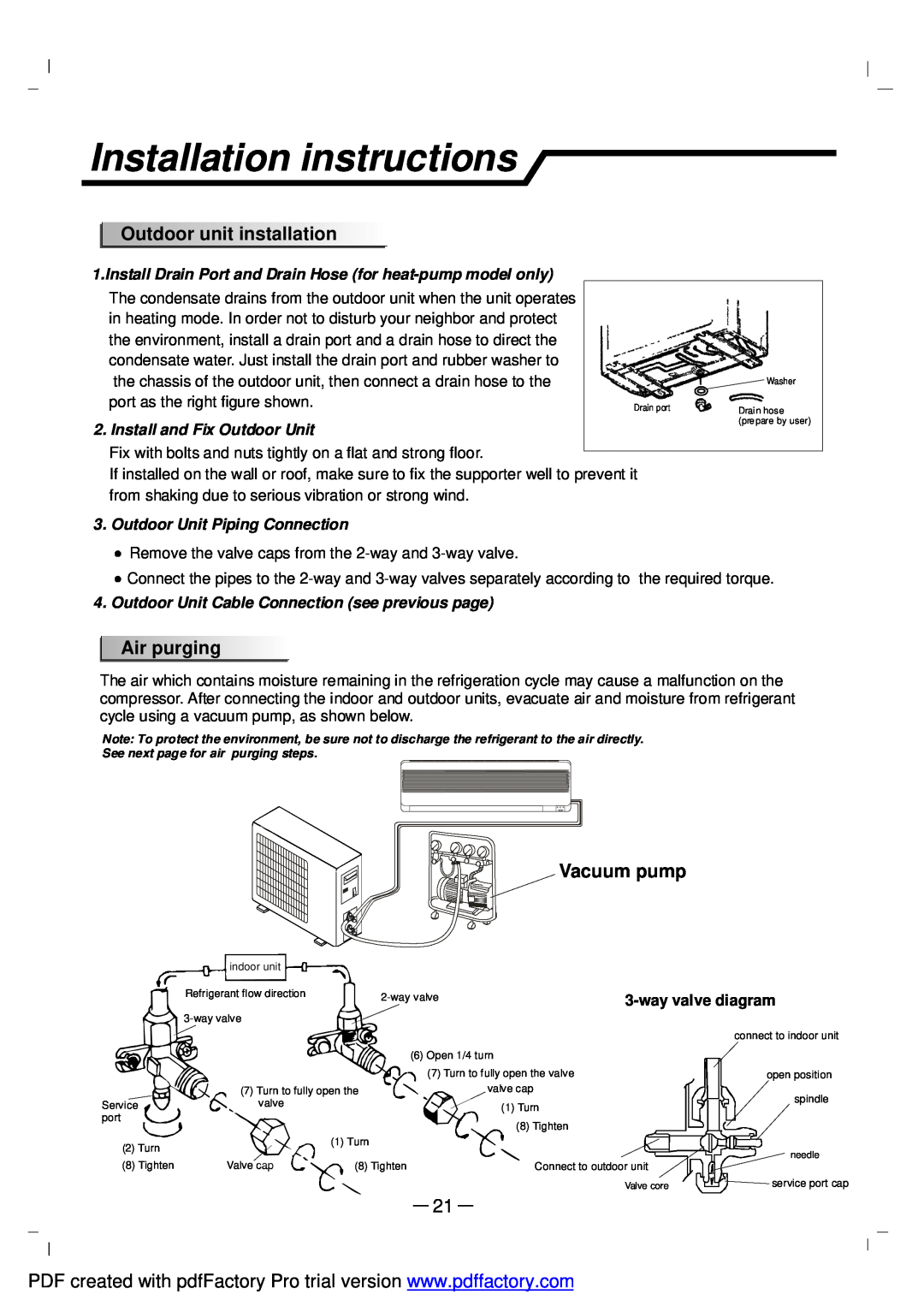 NEC RIH-6867 Installation instructions, Outdoorunitinstallation, Airpurging, Vacuum pump, Install and Fix Outdoor Unit 