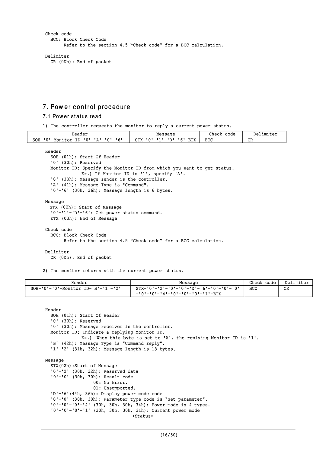 NEC RS-232C user manual Power control procedure, Power status read 