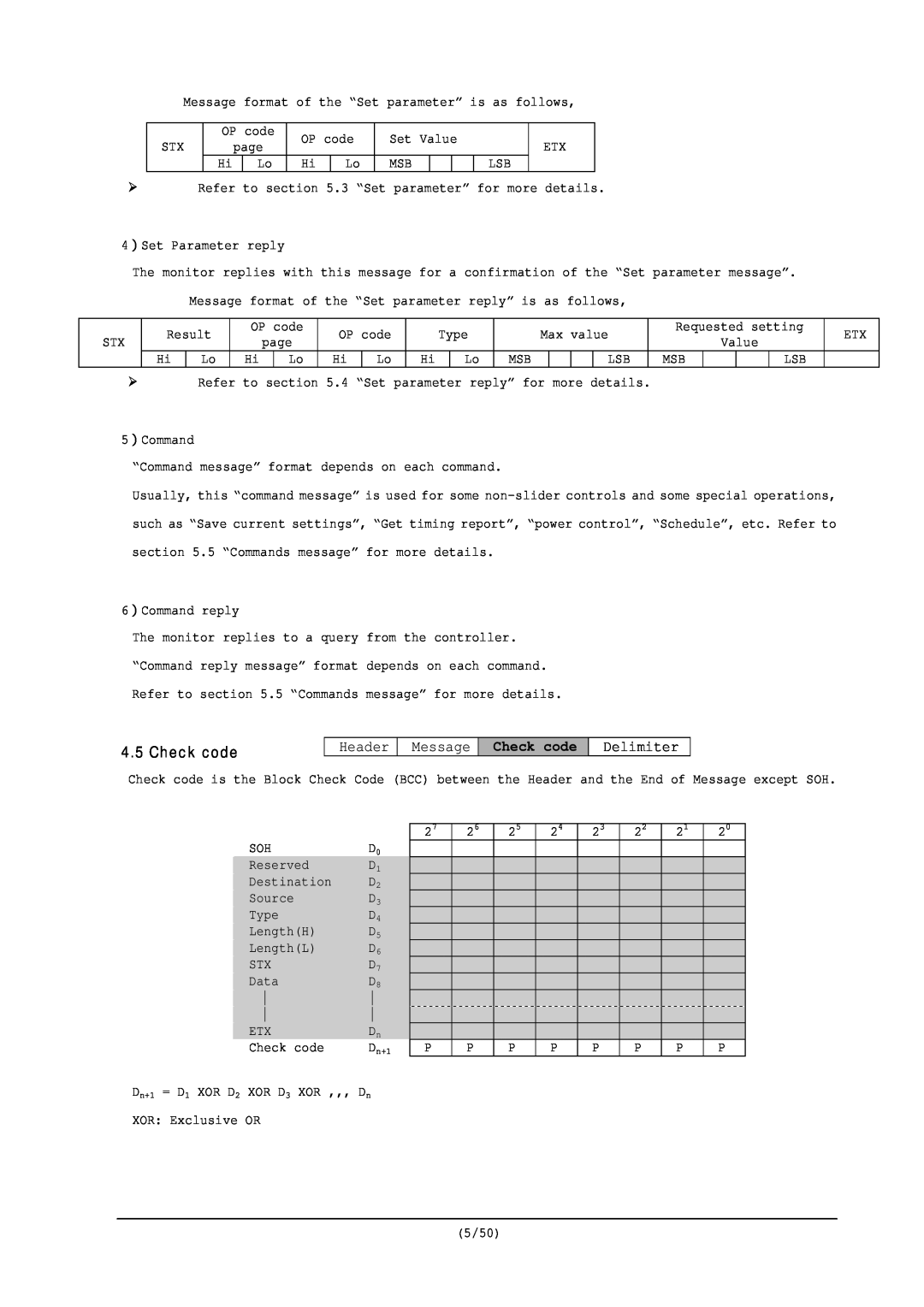 NEC RS-232C user manual Check code, Header Message, Delimiter 