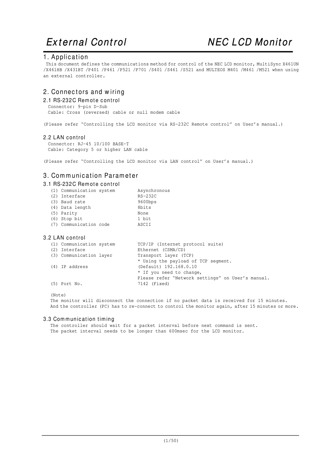 NEC RS-232C user manual Application, Connectors and wiring, Communication Parameter 