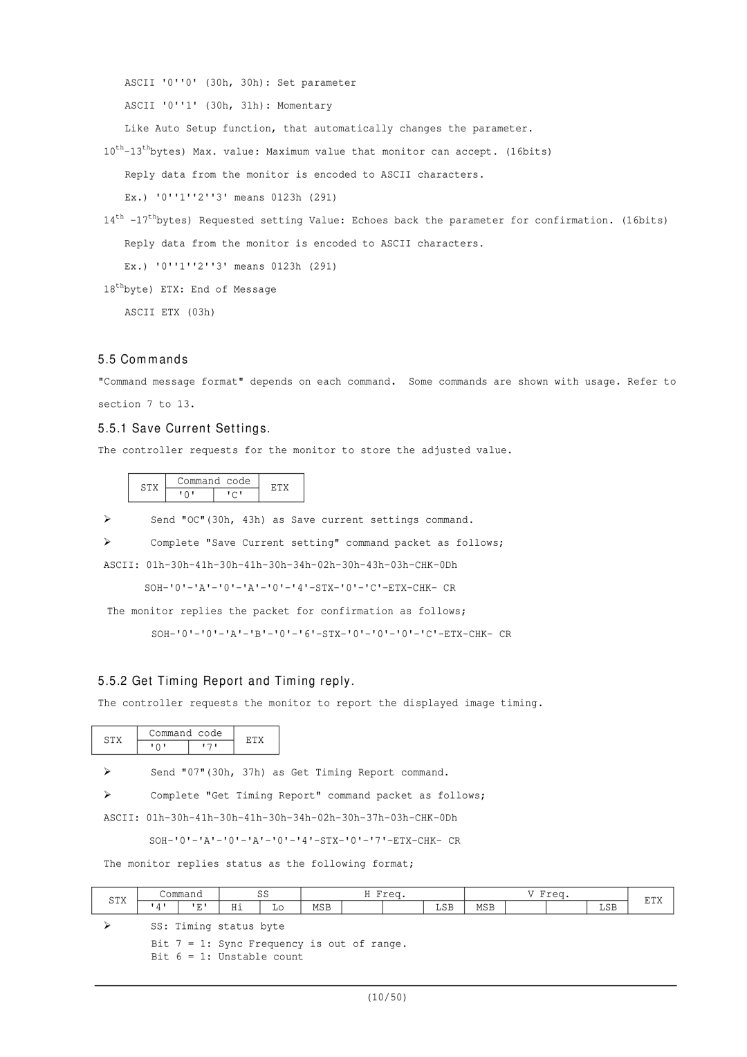 NEC RS-232C user manual Commands, Save Current Settings, Get Timing Report and Timing reply, Msb Lsb Etx 