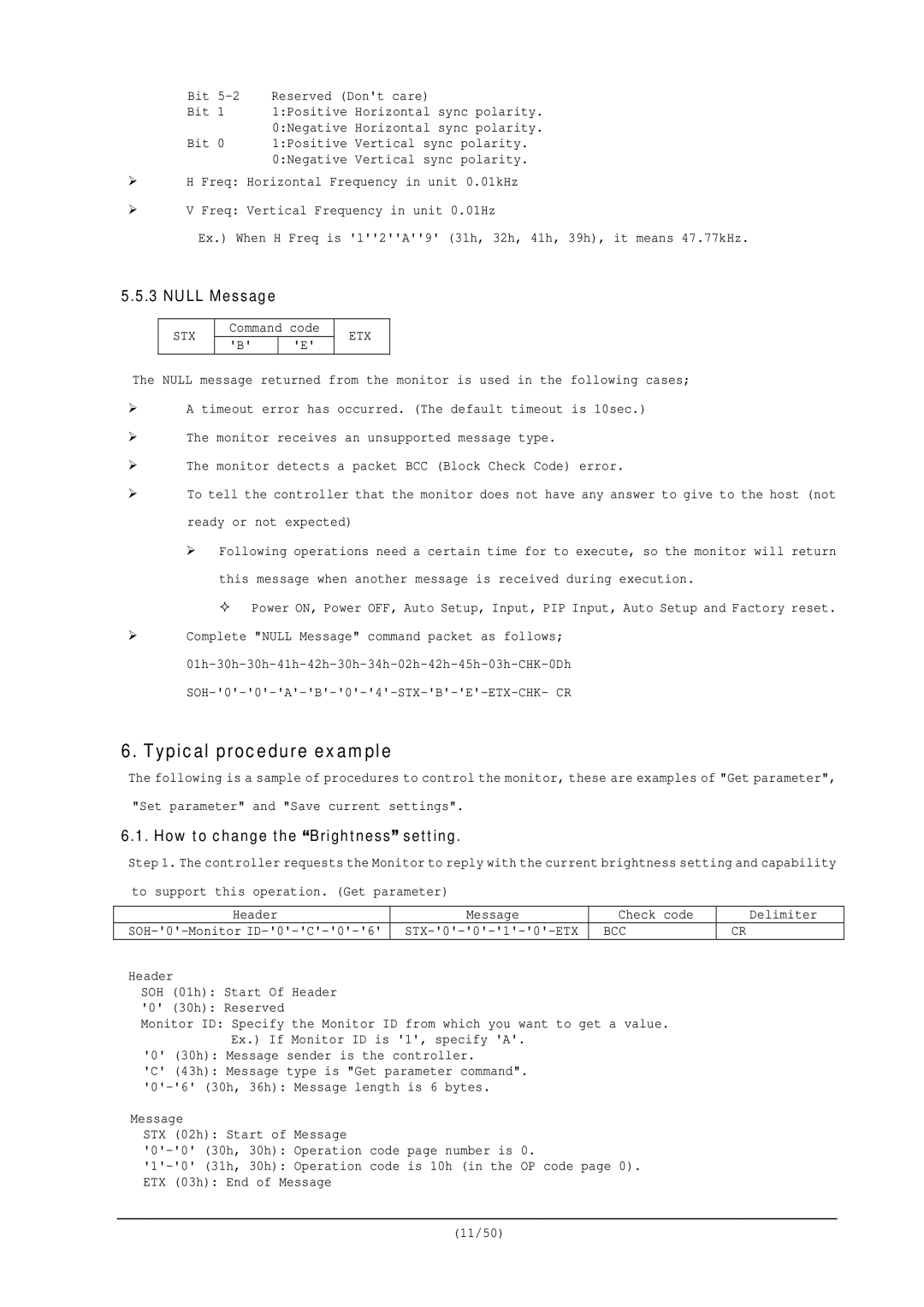 NEC RS-232C user manual Typical procedure example, Null Message, How to change the Brightness setting, Bcc 