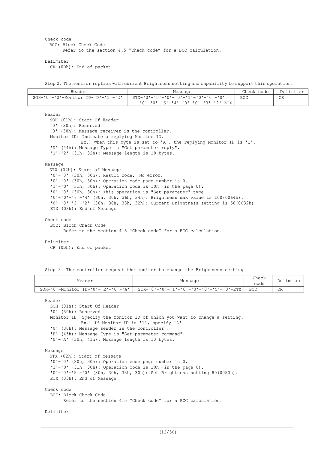 NEC RS-232C user manual Header Message Check code Delimiter 